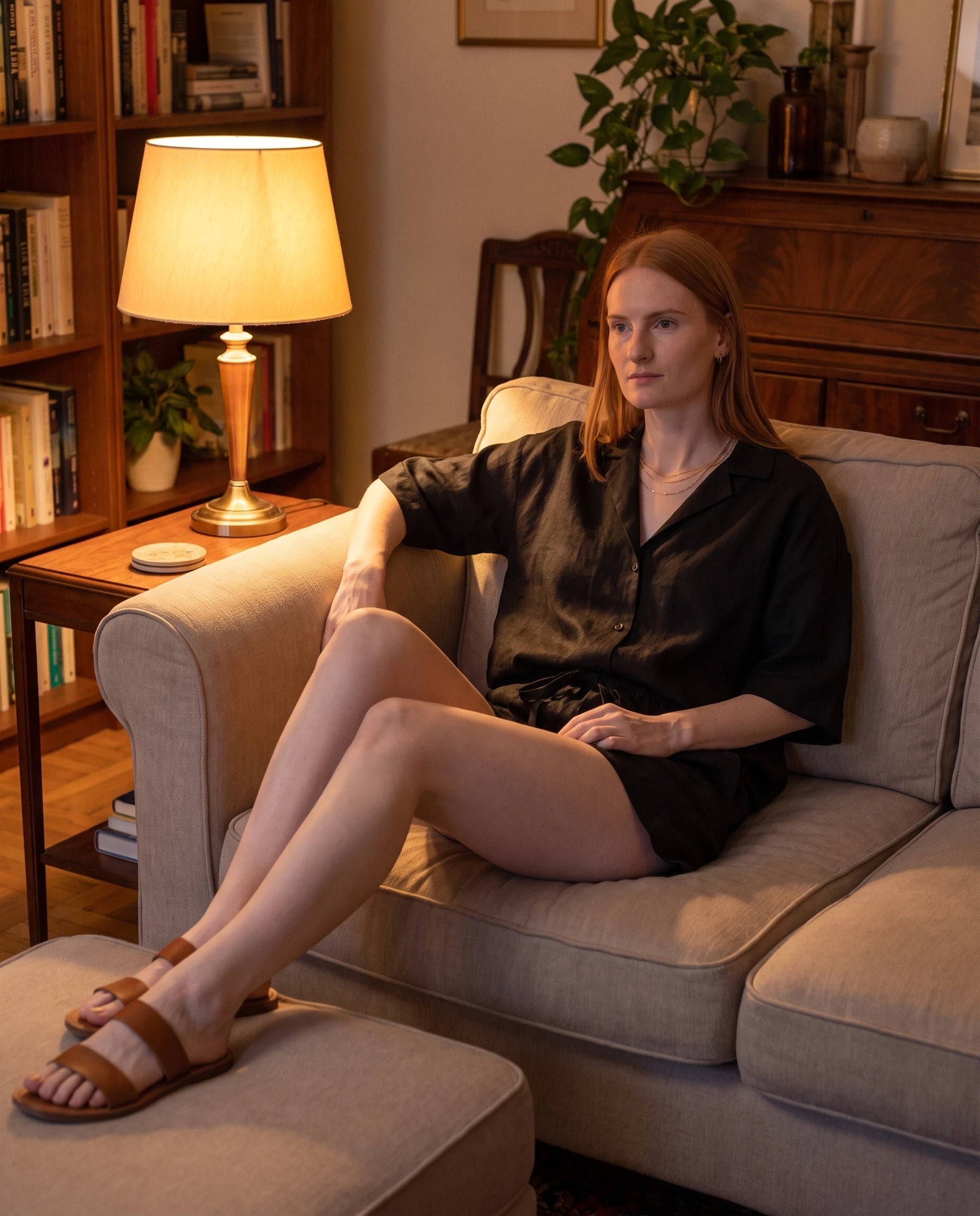 Ensemble chemise et short en lin Noir Blandine — porté en intérieur