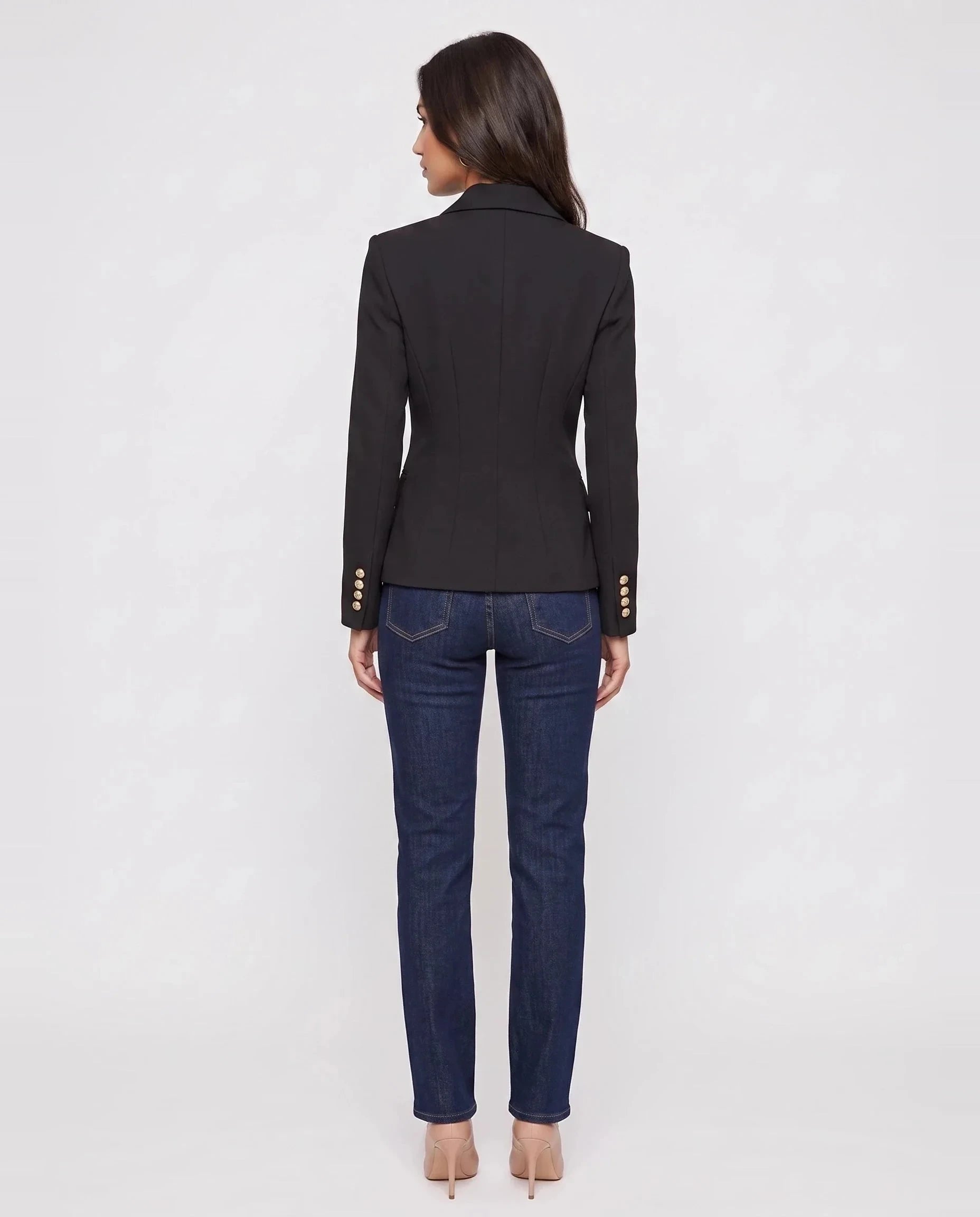 Blazer cintré noir à boutons lion Thaïs, vue de dos en studio