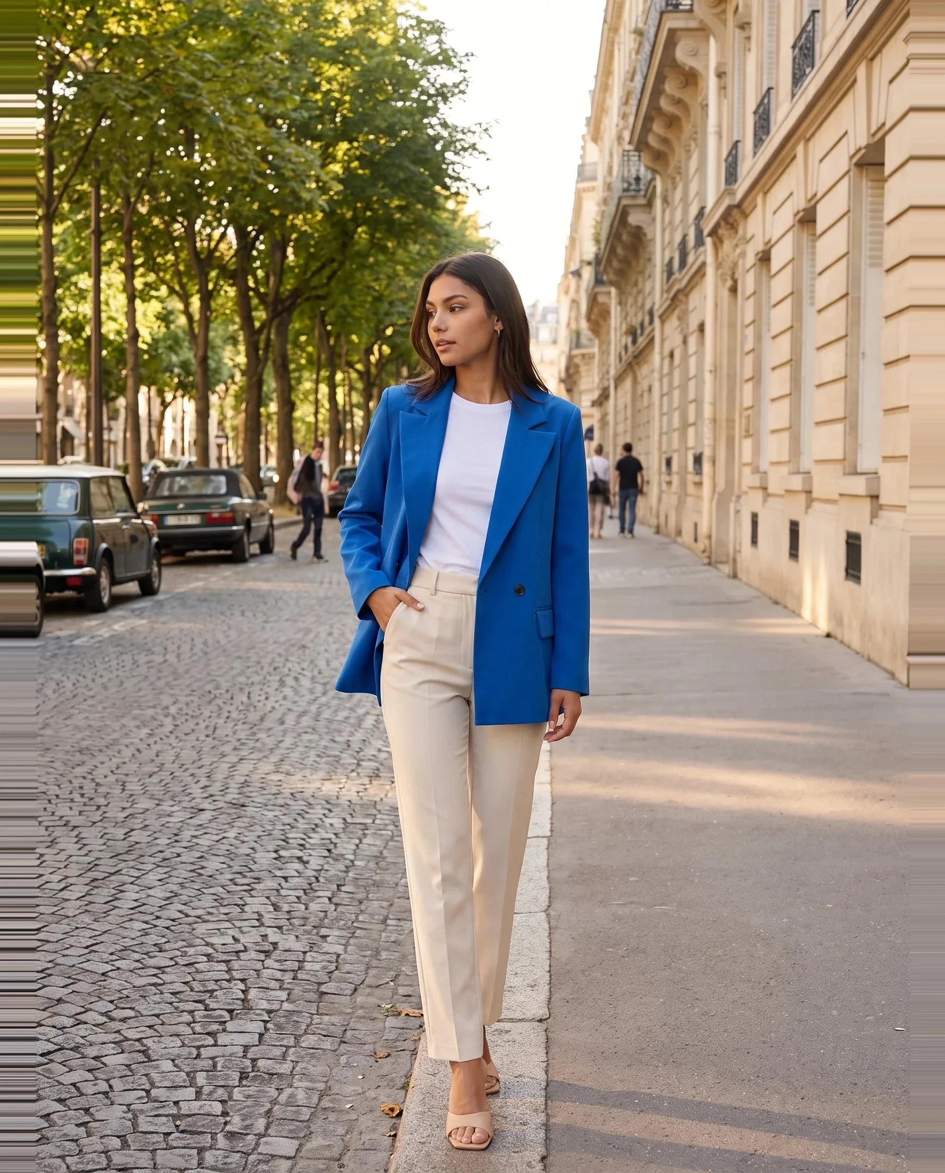 Blazer bleu roi Cosima, porté dans une avenue aux façades de pierre claire