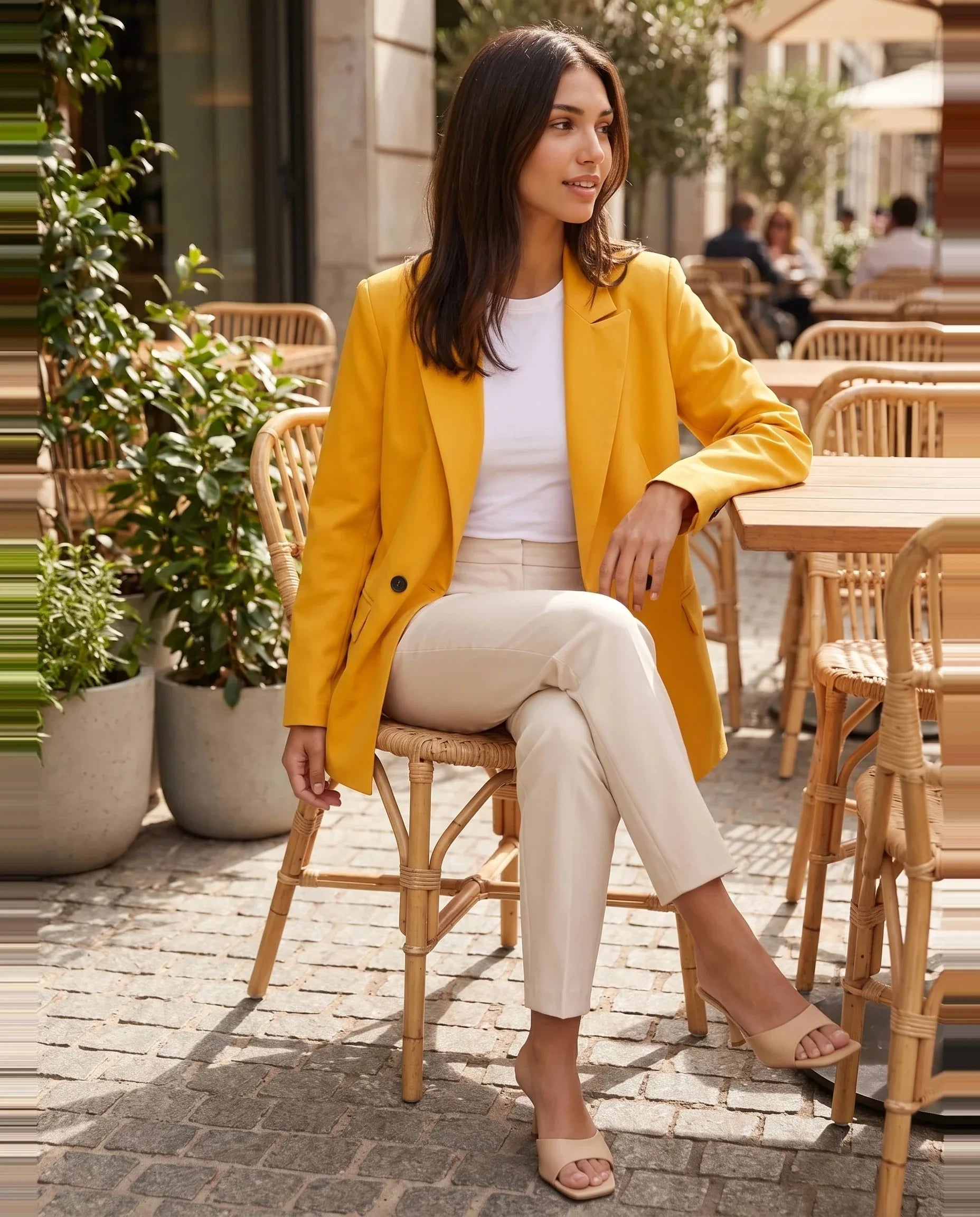 Blazer jaune safran Cosima, porté en terrasse de café aux chaises en rotin