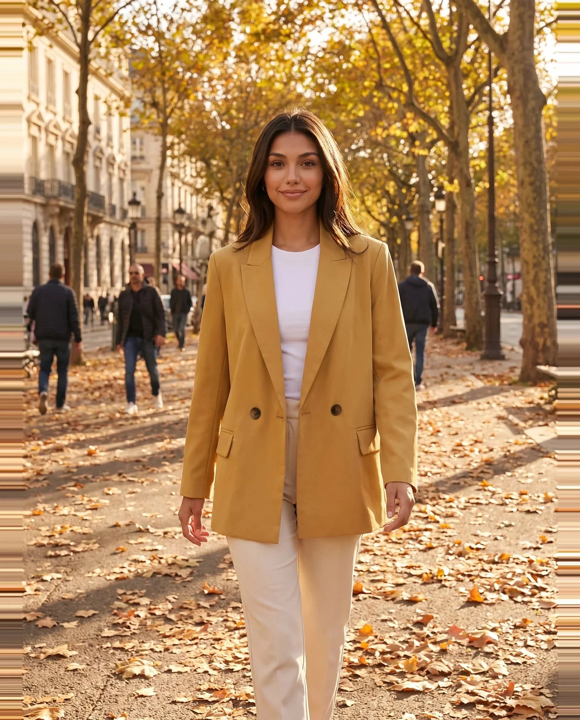 Blazer moutarde Cosima, porté sur un boulevard aux platanes en automne