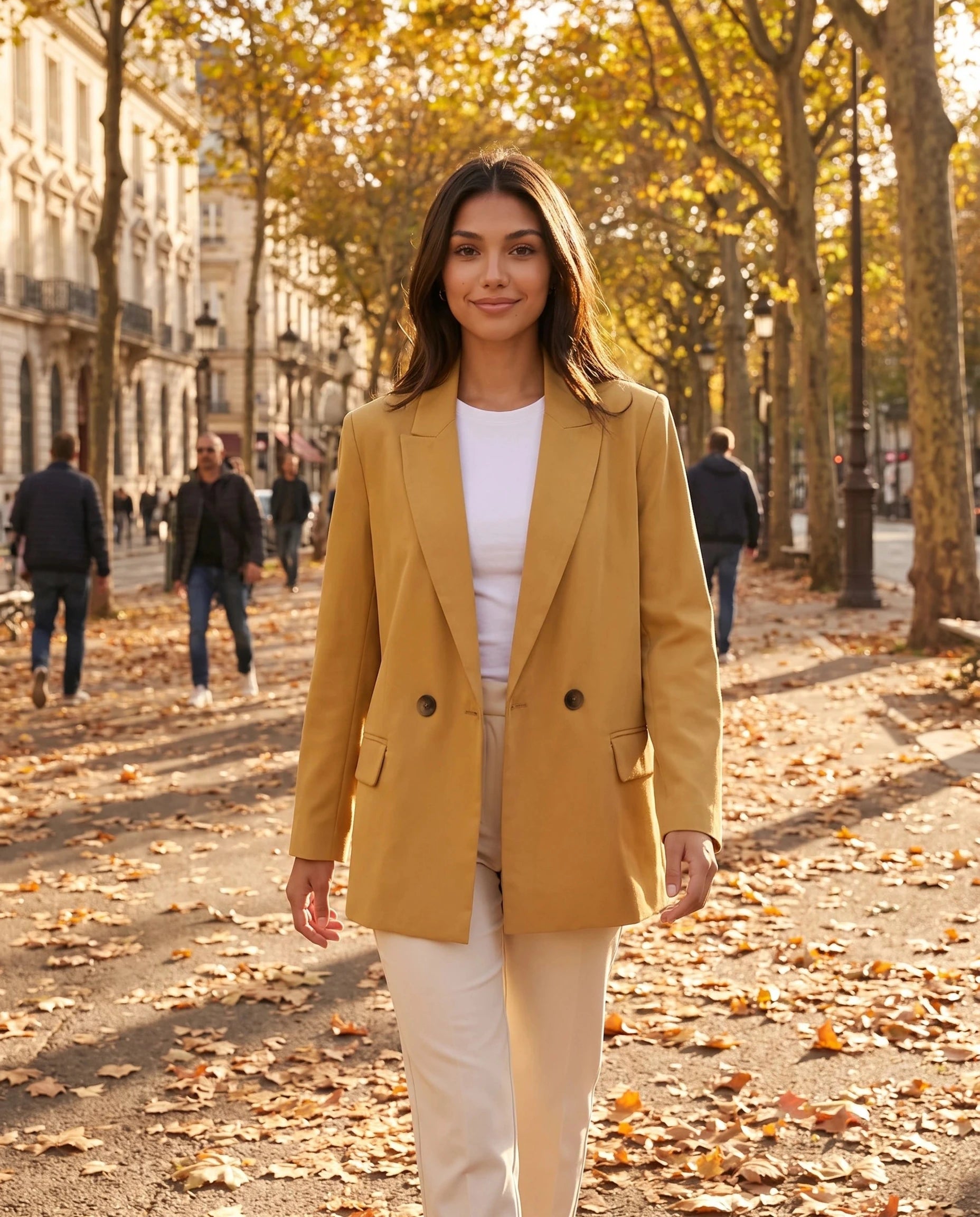 Blazer moutarde Cosima, porté sur un boulevard aux platanes en automne