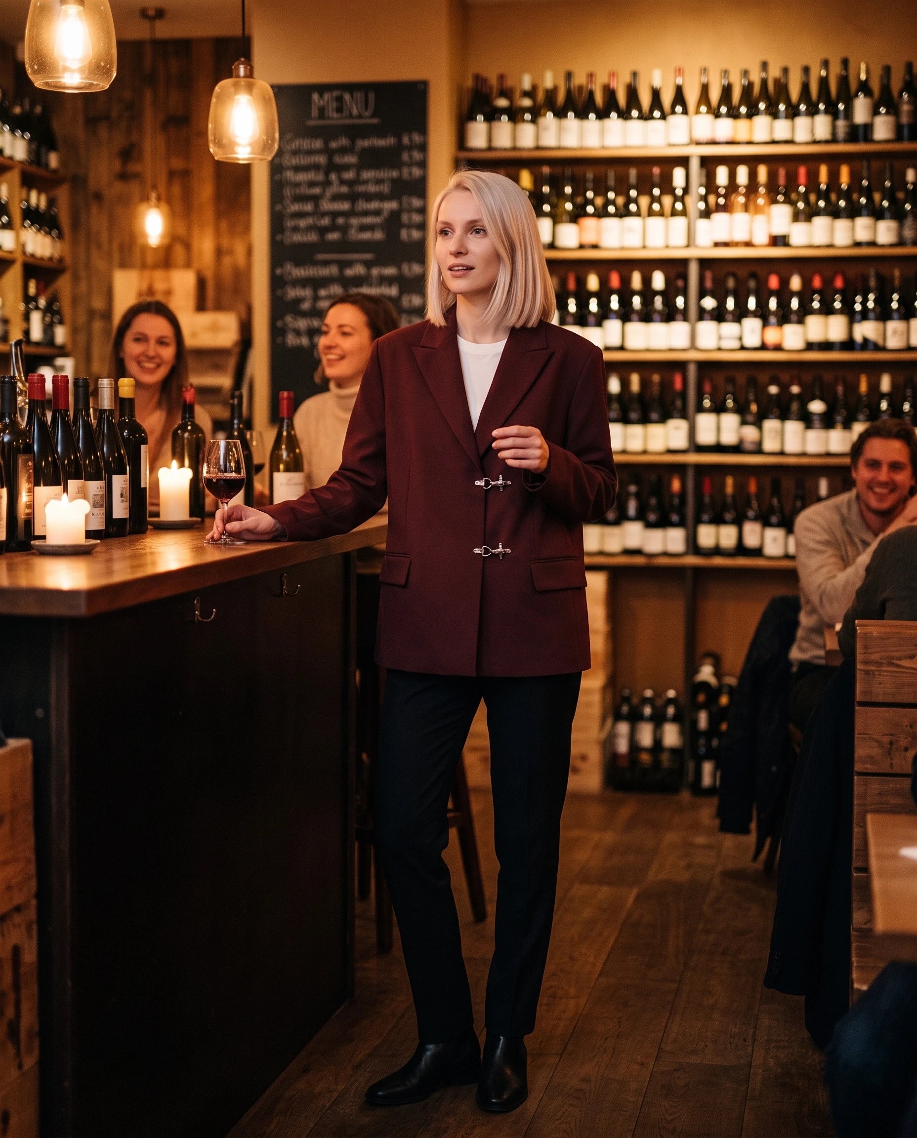 Blazer oversize bordeaux Philippa, dans un bar à vin le soir