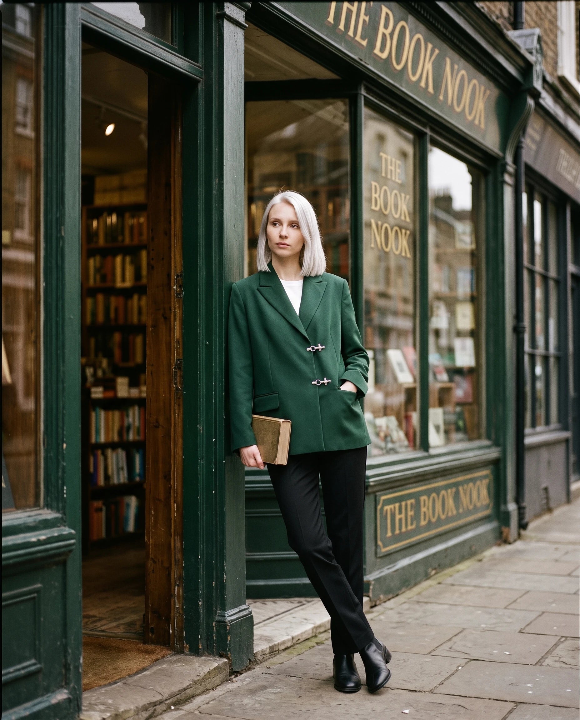 Blazer oversize vert forêt Philippa, devant une librairie ancienne