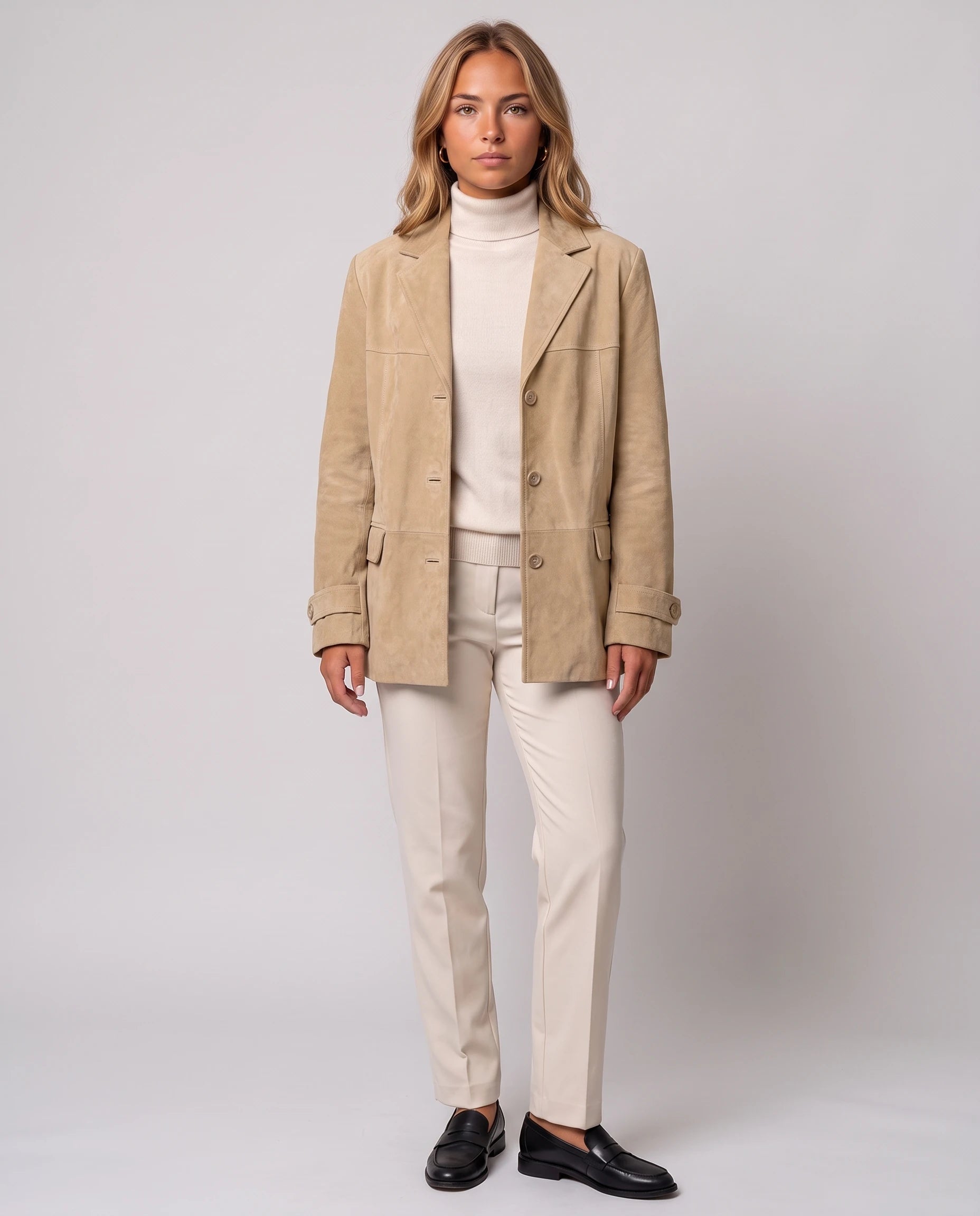 Blazer oversize en suédine beige Prisca, vue de face en studio