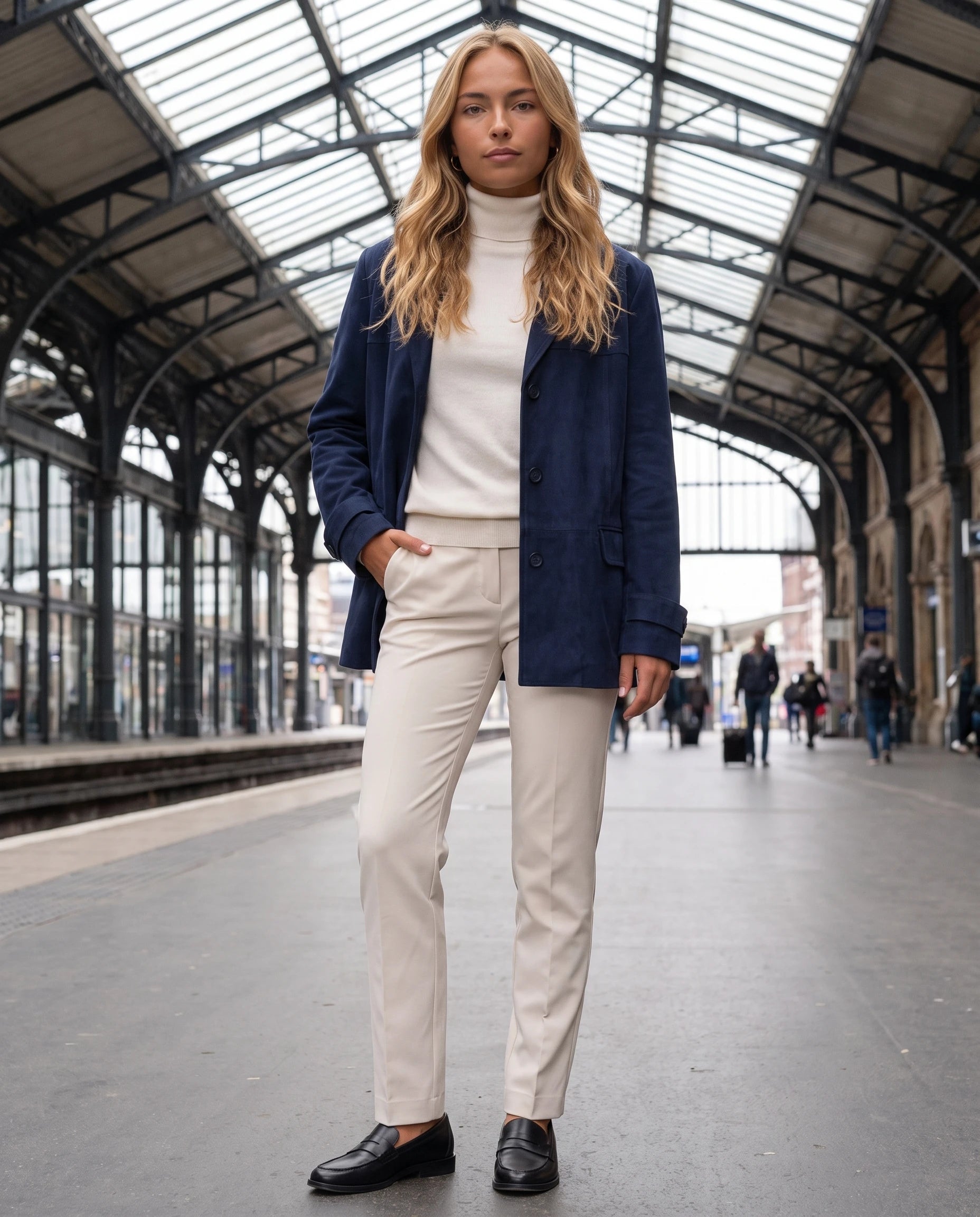 Blazer en suédine bleu marine Prisca, porté sous une verrière de gare