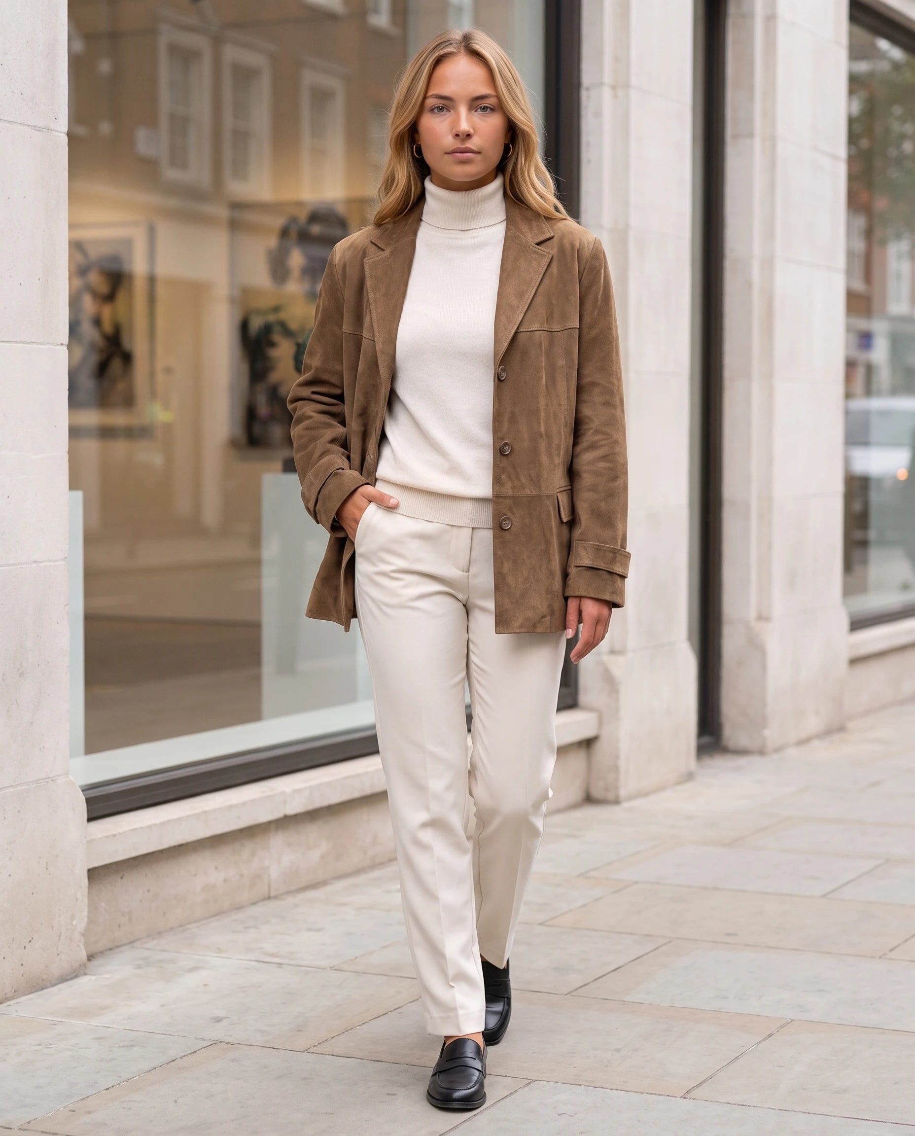 Blazer en suédine camel Prisca, porté devant une galerie d'art