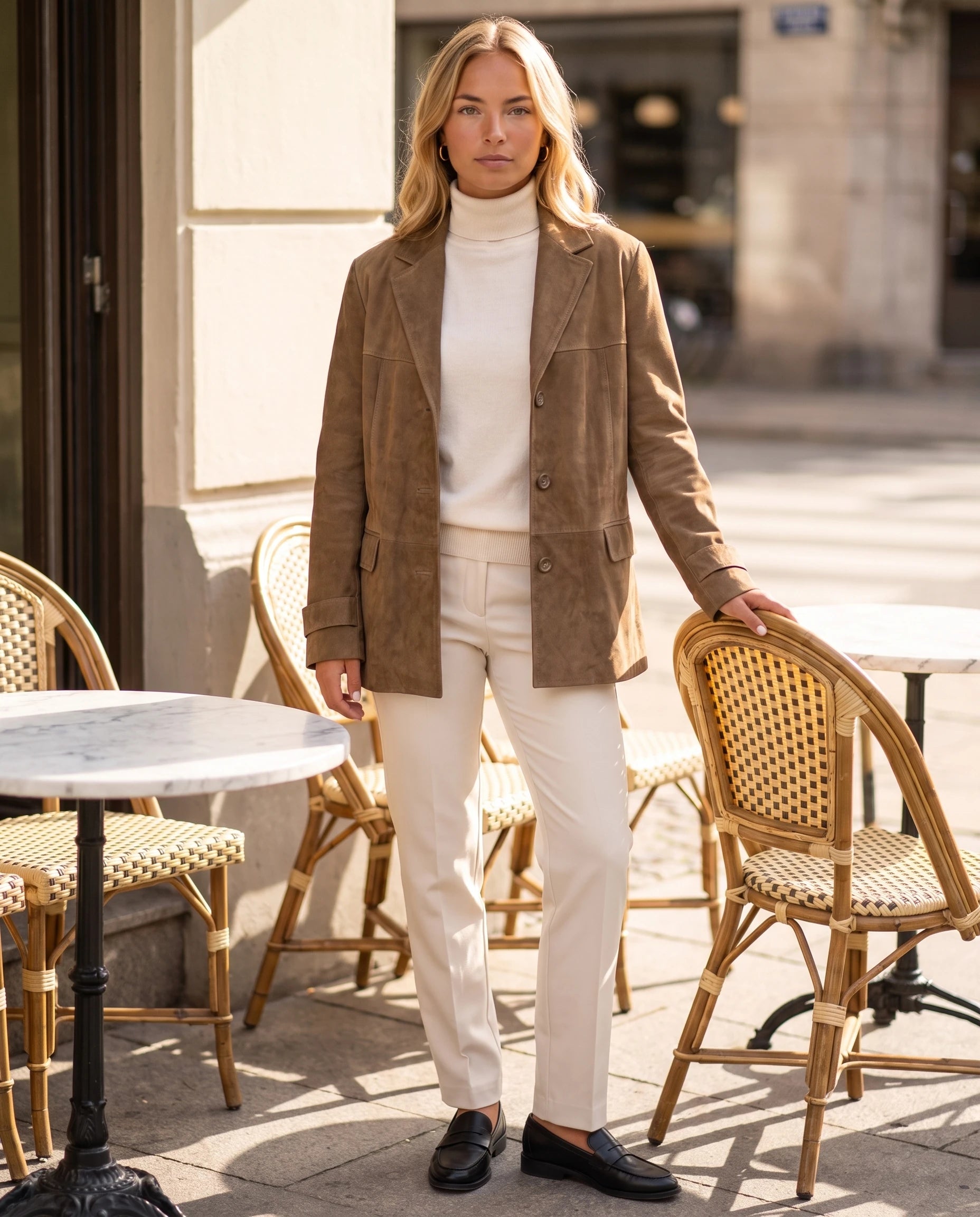 Blazer en suédine camel Prisca, porté à une terrasse de café