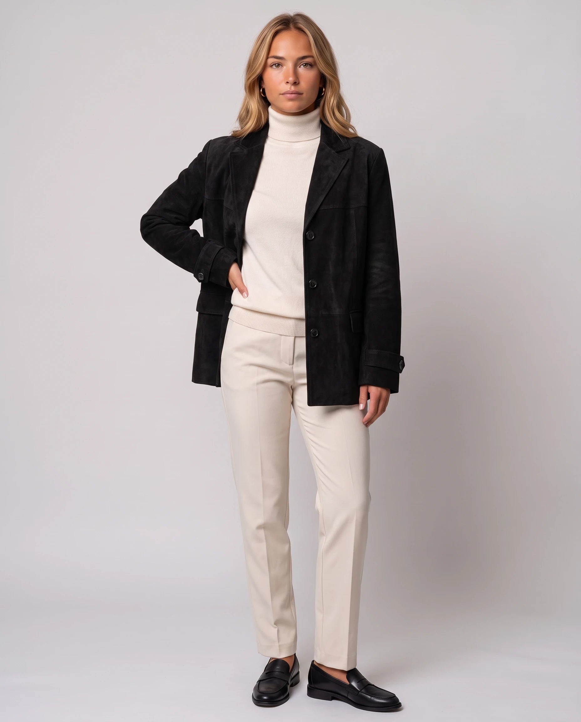 Blazer oversize en suédine noir Prisca, vue de face en studio