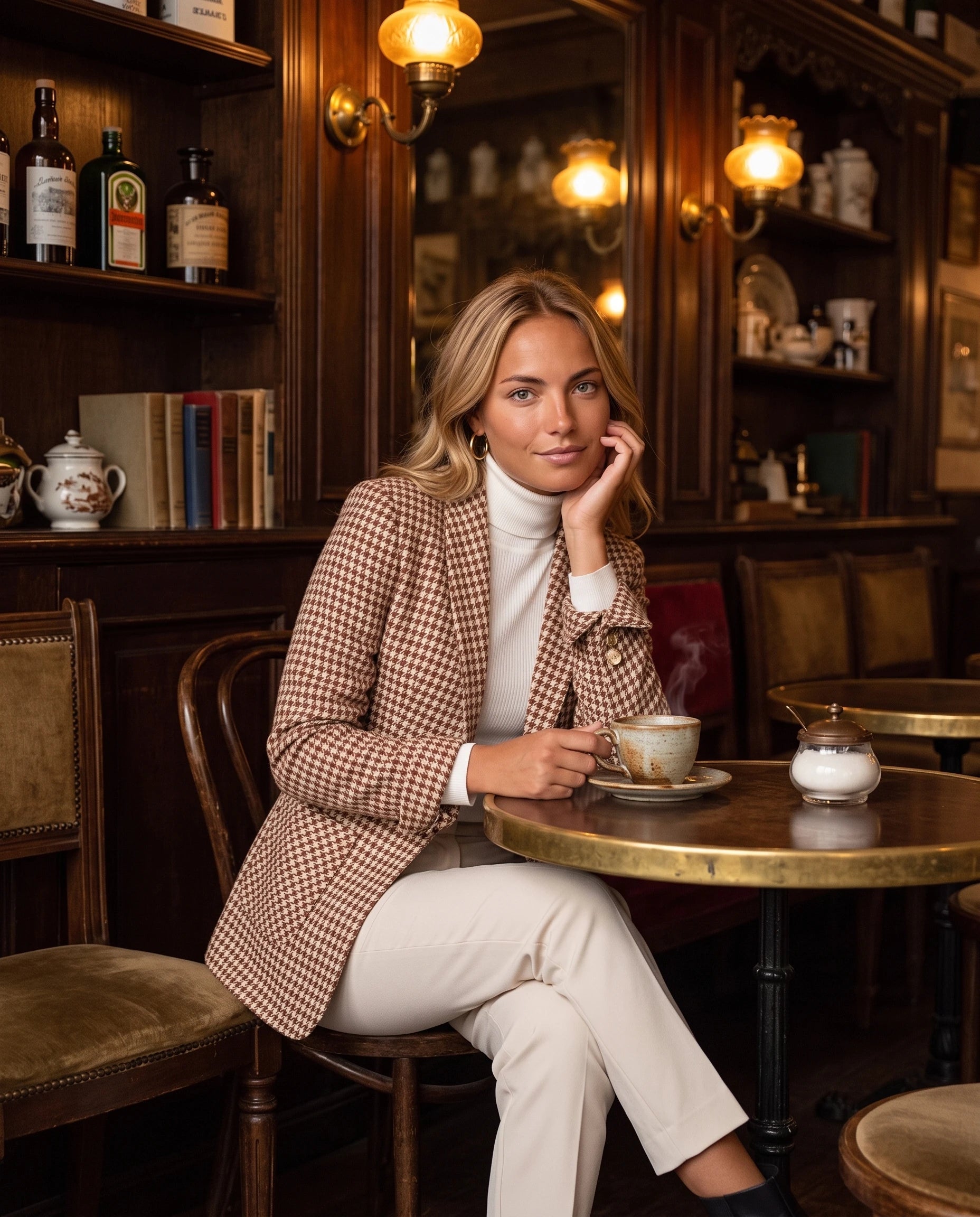 Blazer en pied-de-poule marron Émilienne, porté dans un café ancien