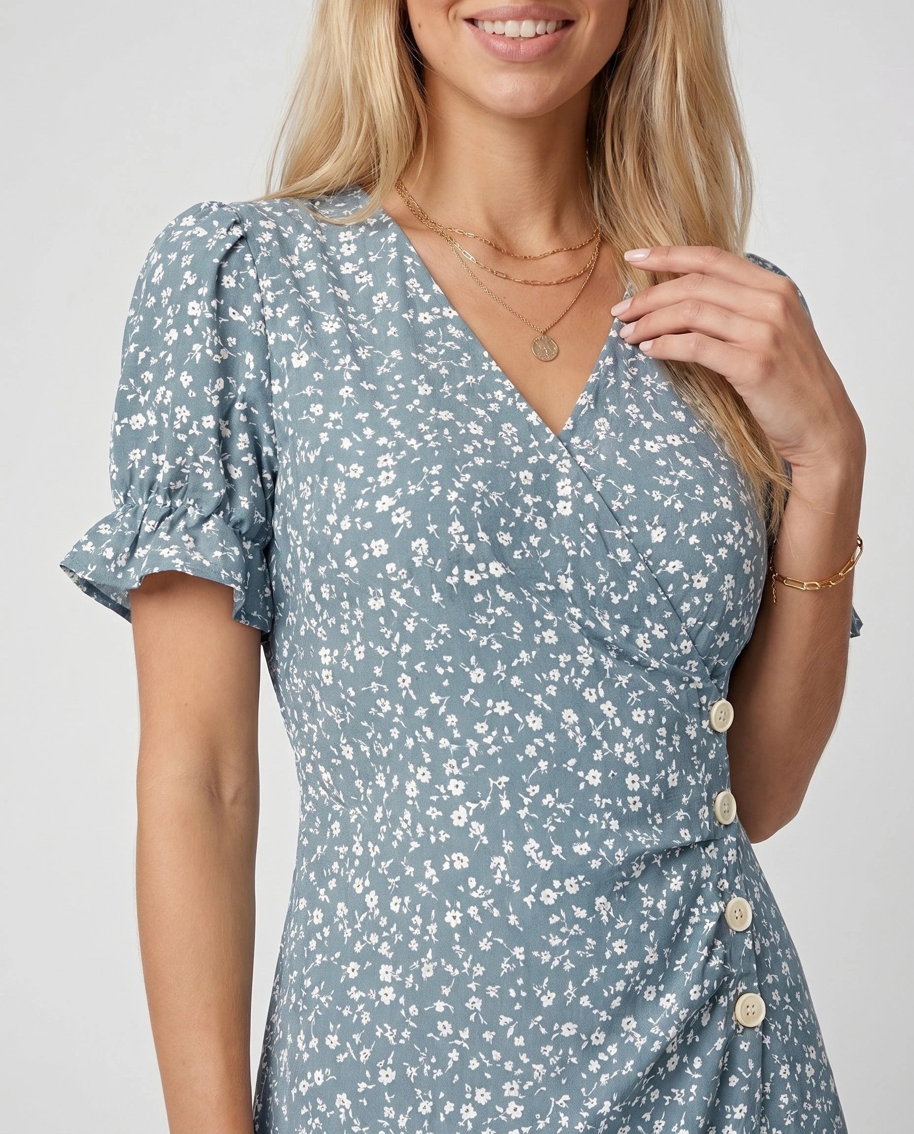 Robe portefeuille fleurie Bleu Poudre Zolena