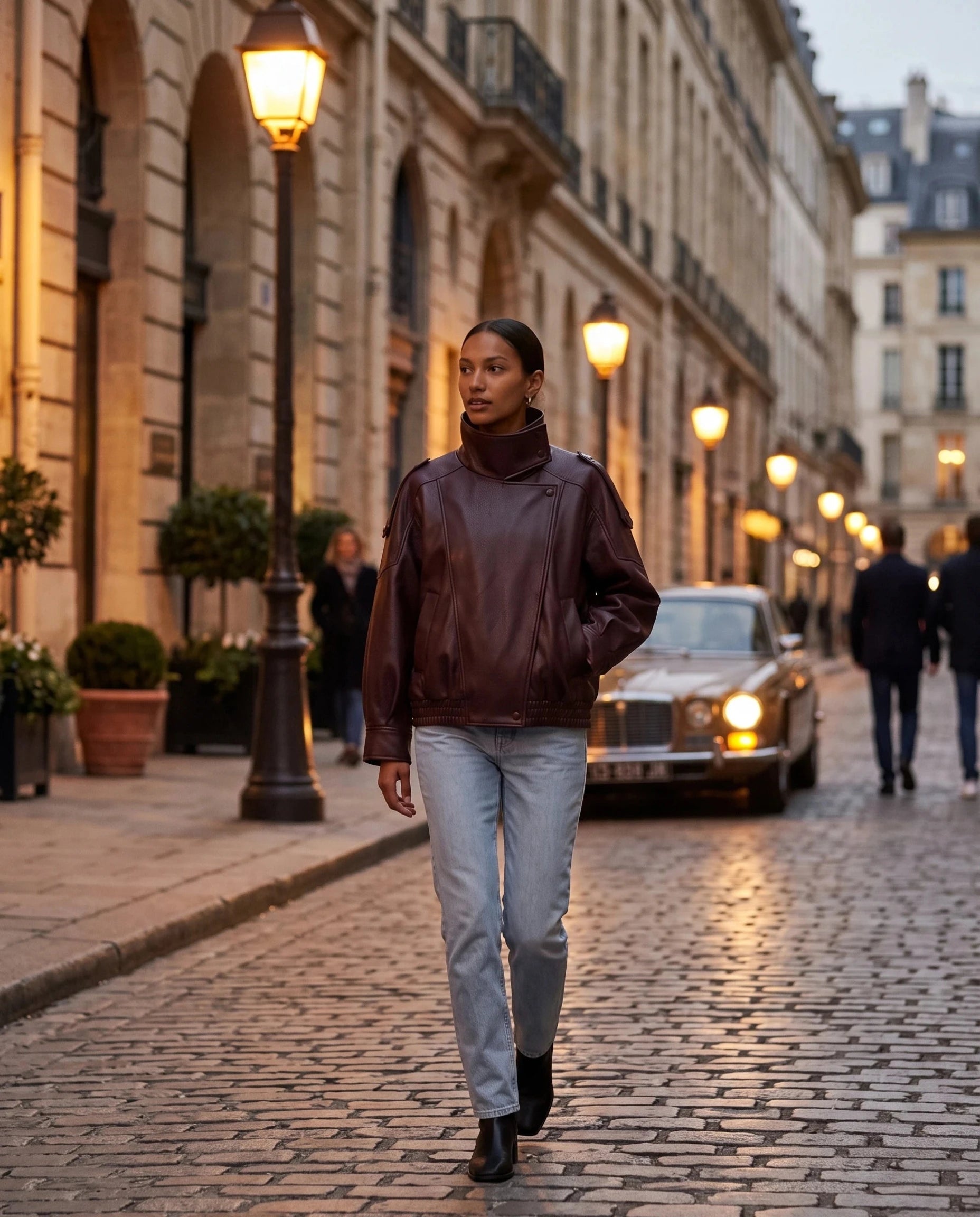 Blouson effet cuir bordeaux Léocadie, porté dans une rue élégante au crépuscule