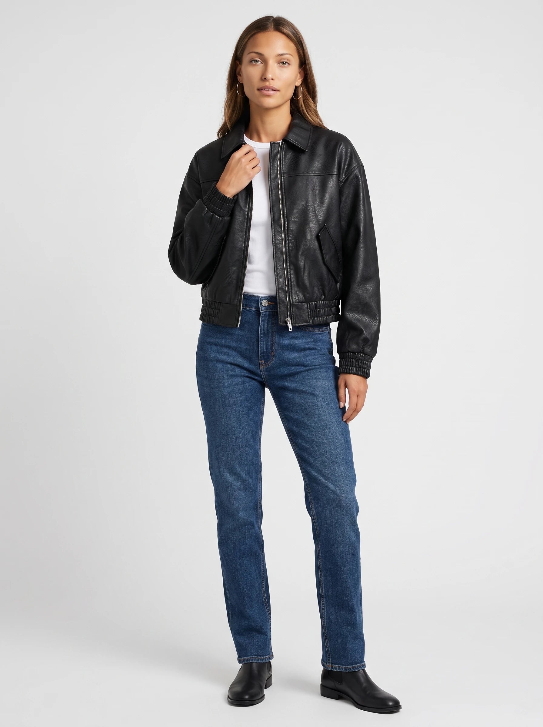 Blouson zippé effet cuir noir Pomeline, vue de face en studio