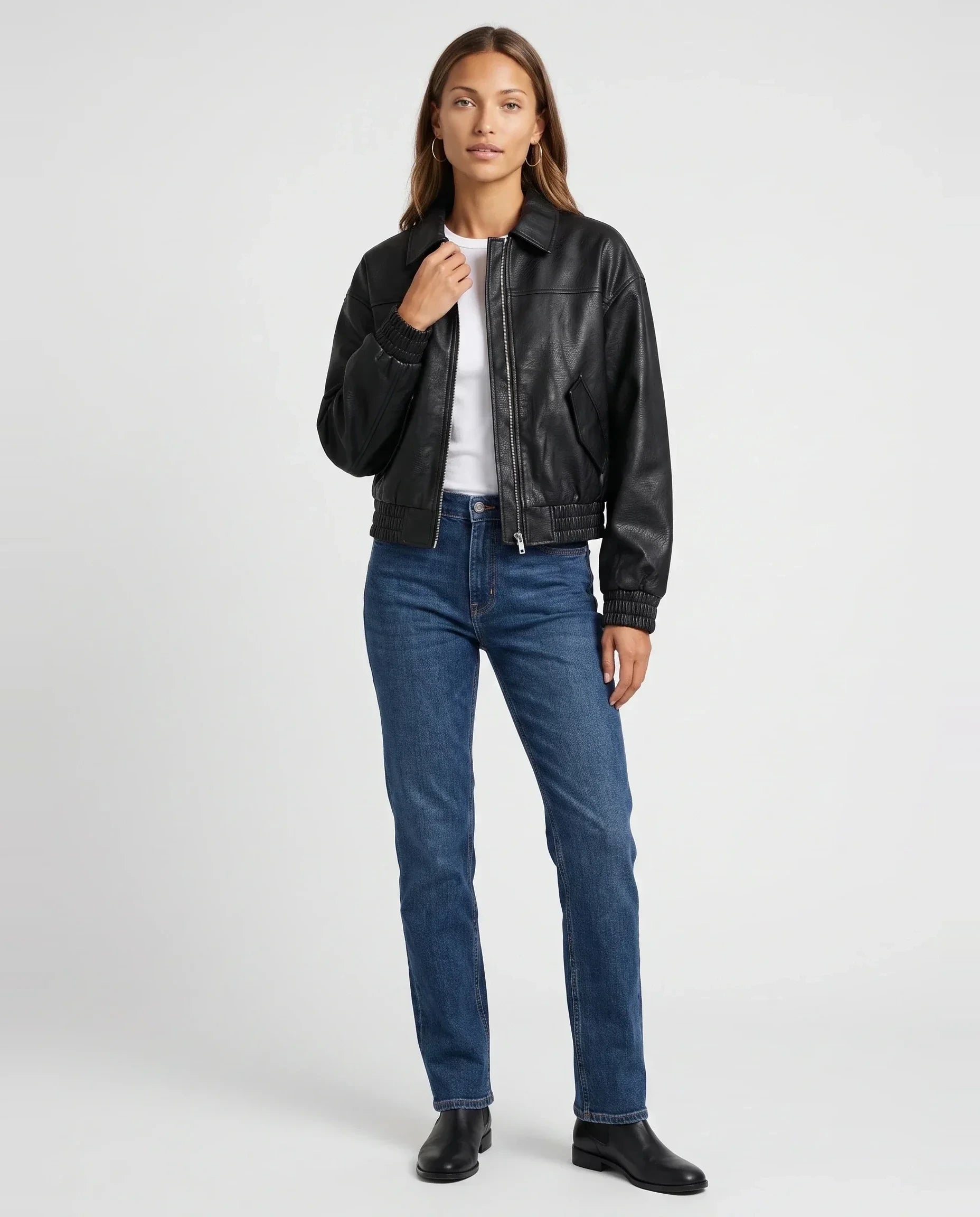 Blouson zippé effet cuir noir Pomeline, vue de face en studio