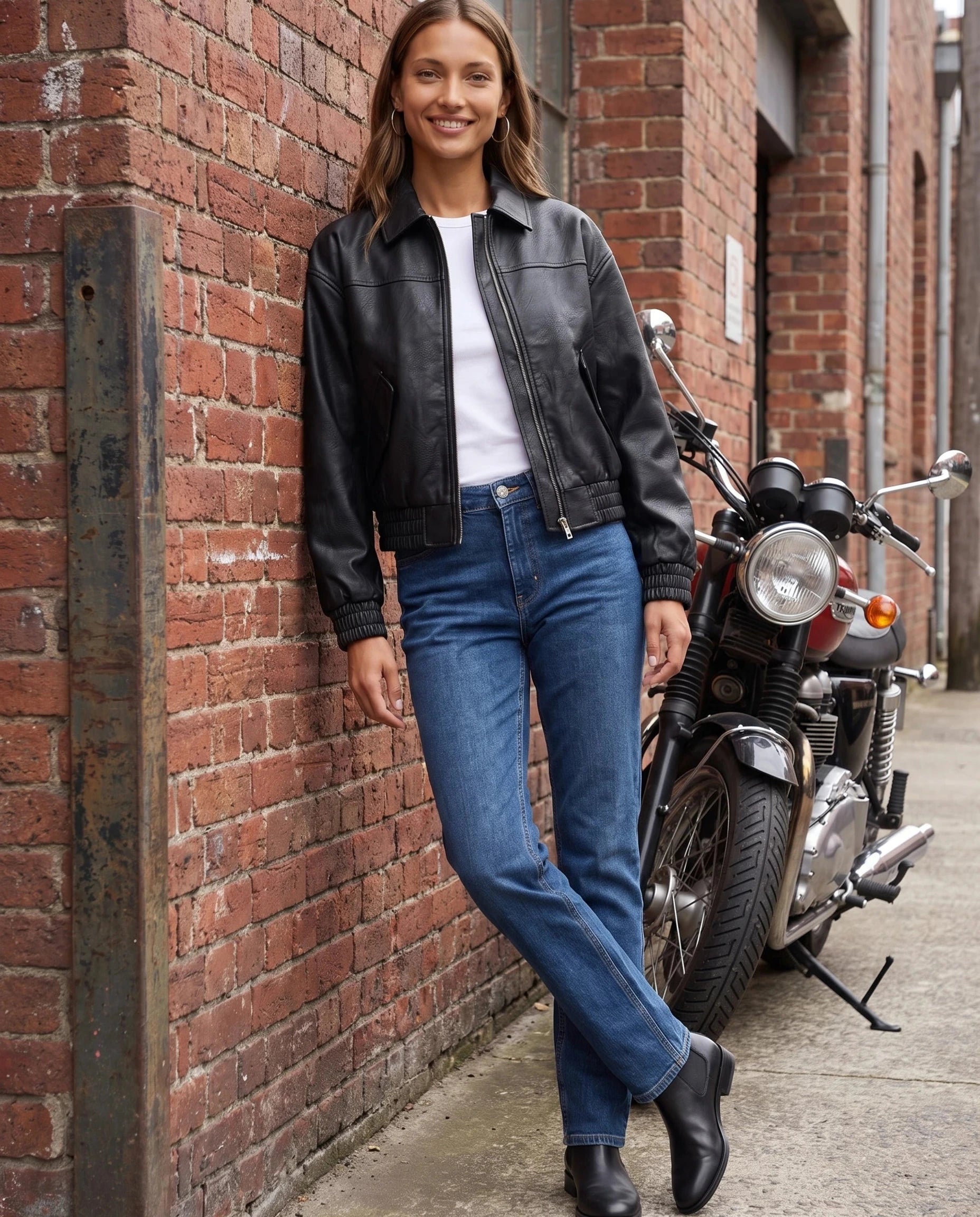 Blouson effet cuir noir Pomeline, porté adossée à un mur de briques près d'une moto vintage