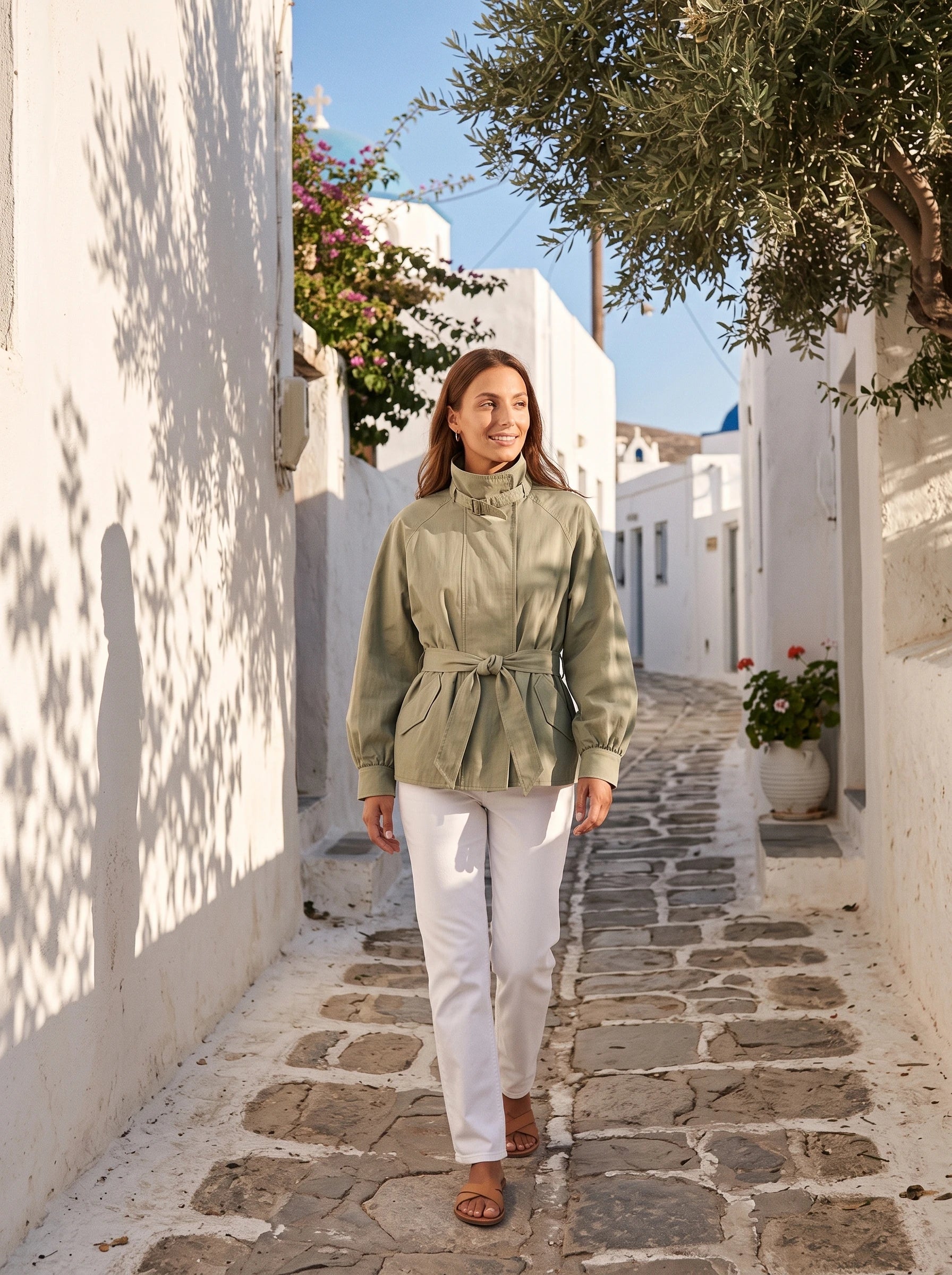 Blouson fluide vert sauge Charline, porté dans une ruelle blanchie ensoleillée