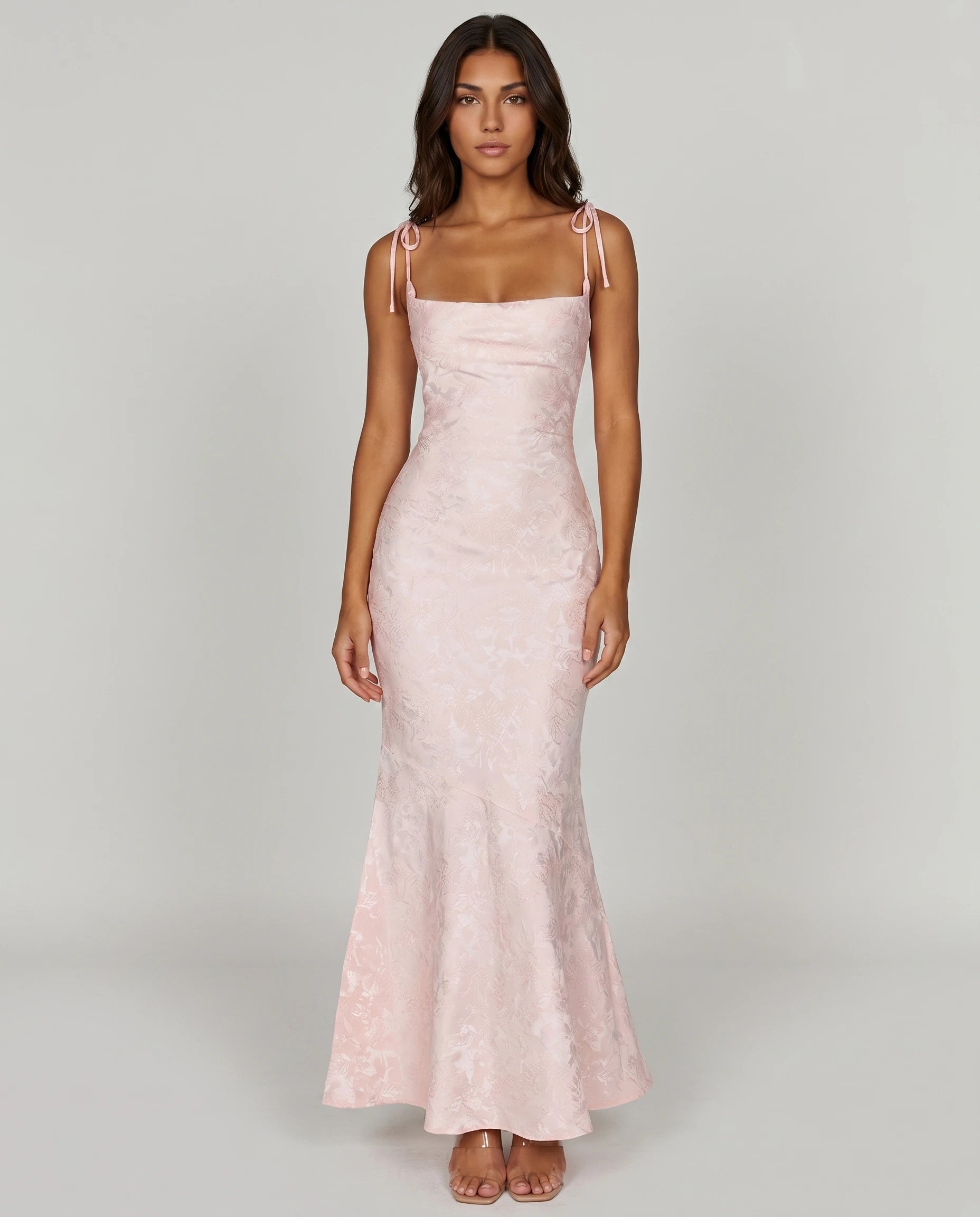 Robe longue jacquard rose poudré studio frontal