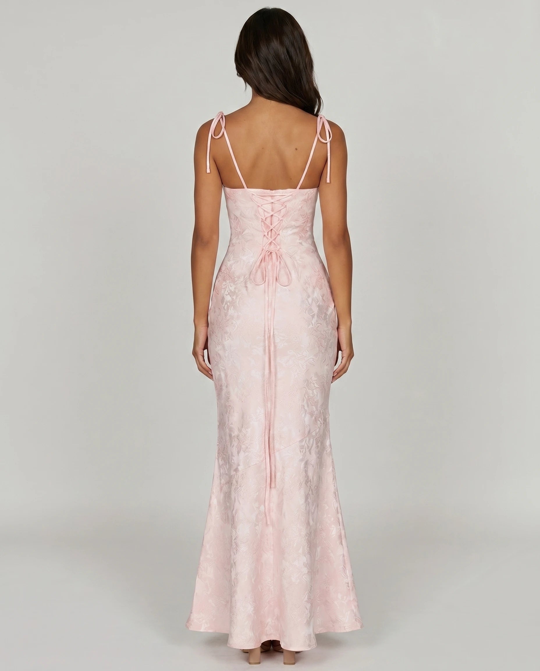 Robe longue jacquard rose poudré dos lacé corset studio