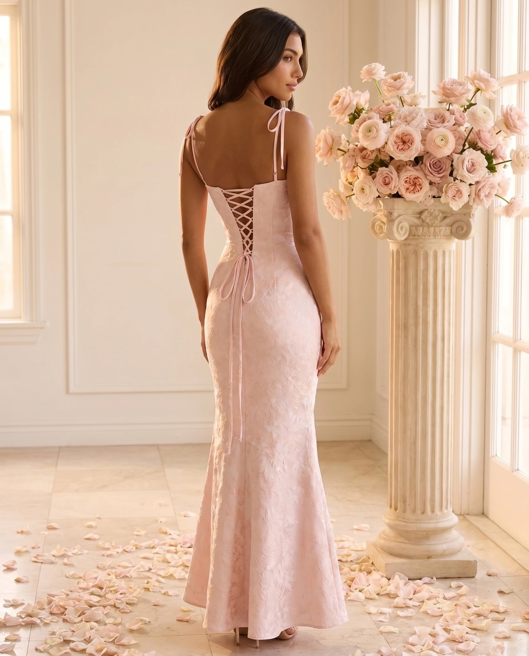 Robe longue rose poudré dos lacé cérémonie
