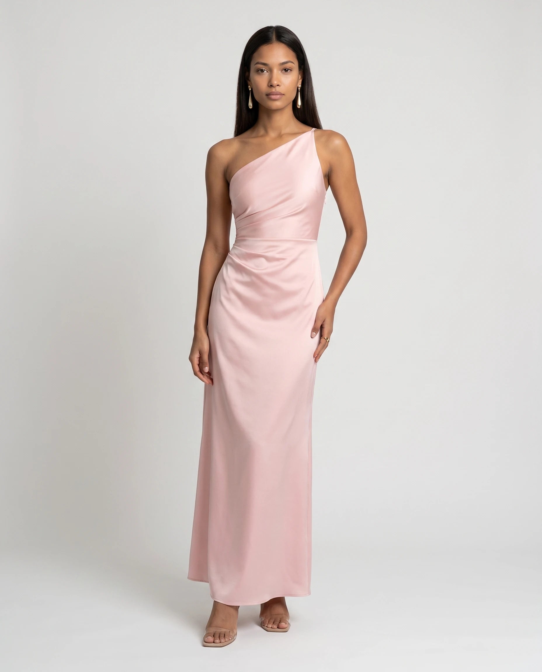 Robe longue en satin une epaule - Rose Blush - Ines