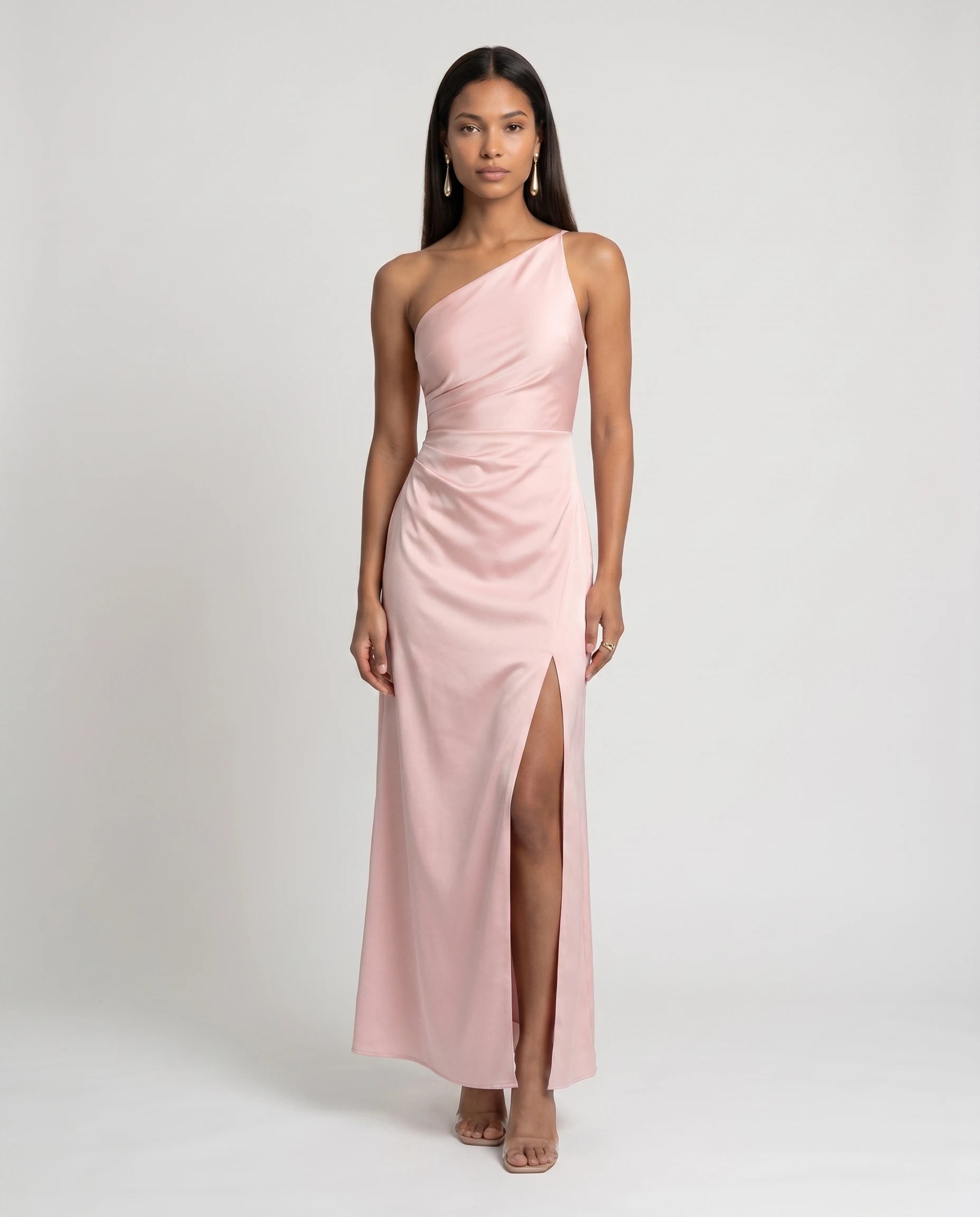 Robe longue en satin une epaule - Rose Blush - Ines