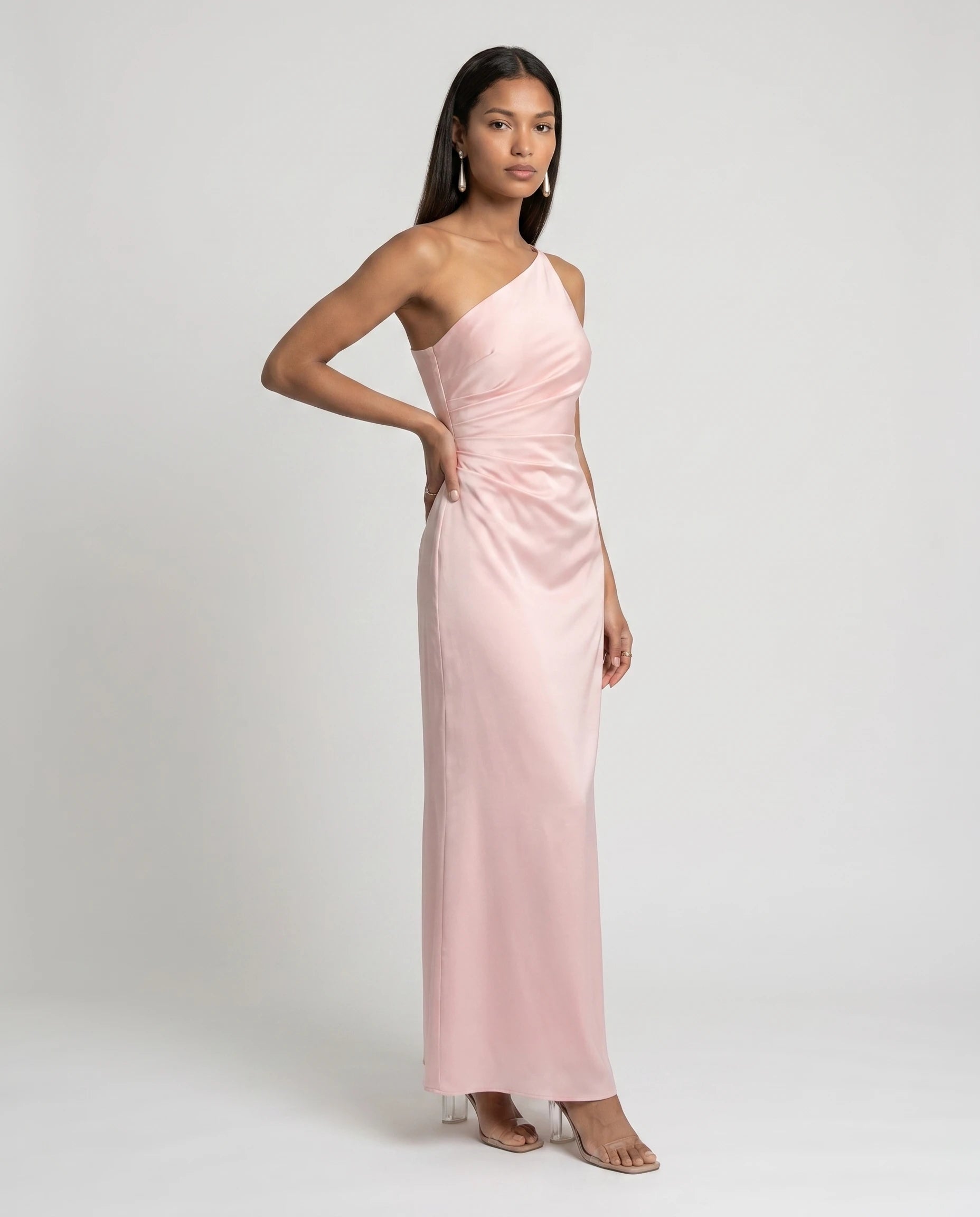 Robe longue en satin une epaule - Rose Blush - Ines