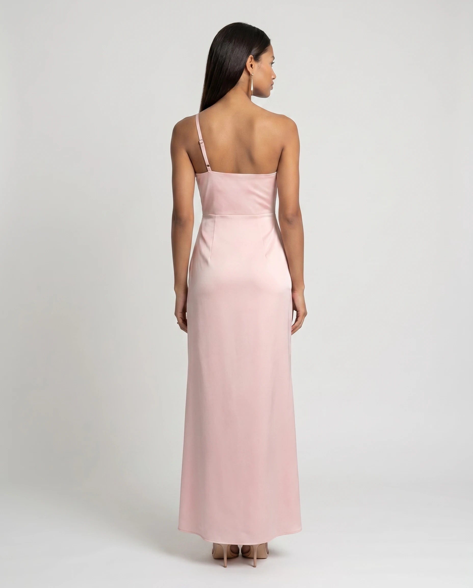 Robe longue en satin une epaule - Rose Blush - Ines