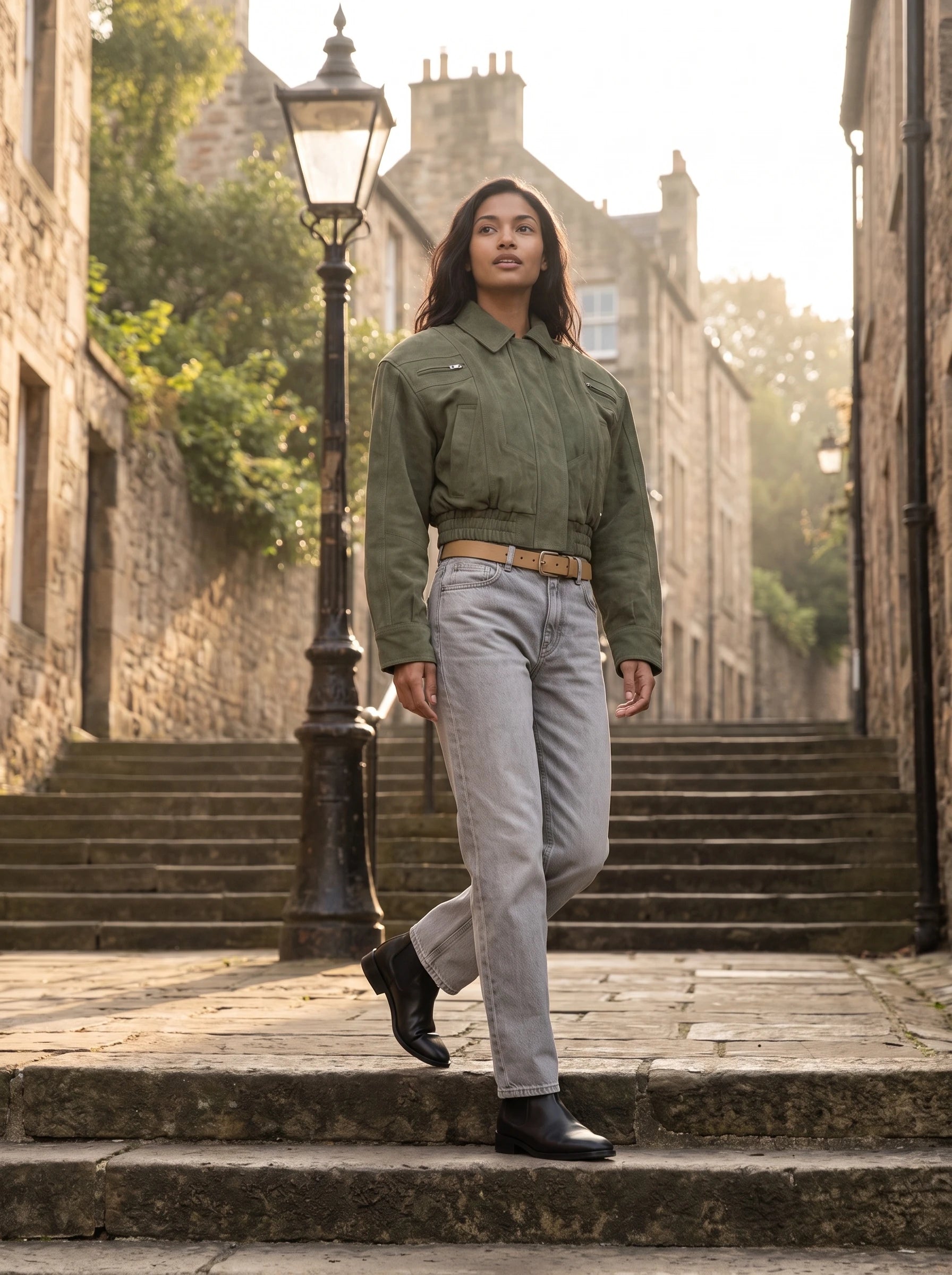 Bomber crop en suédine vert olive Fabienne, porté dans une ruelle à marches et lampadaire
