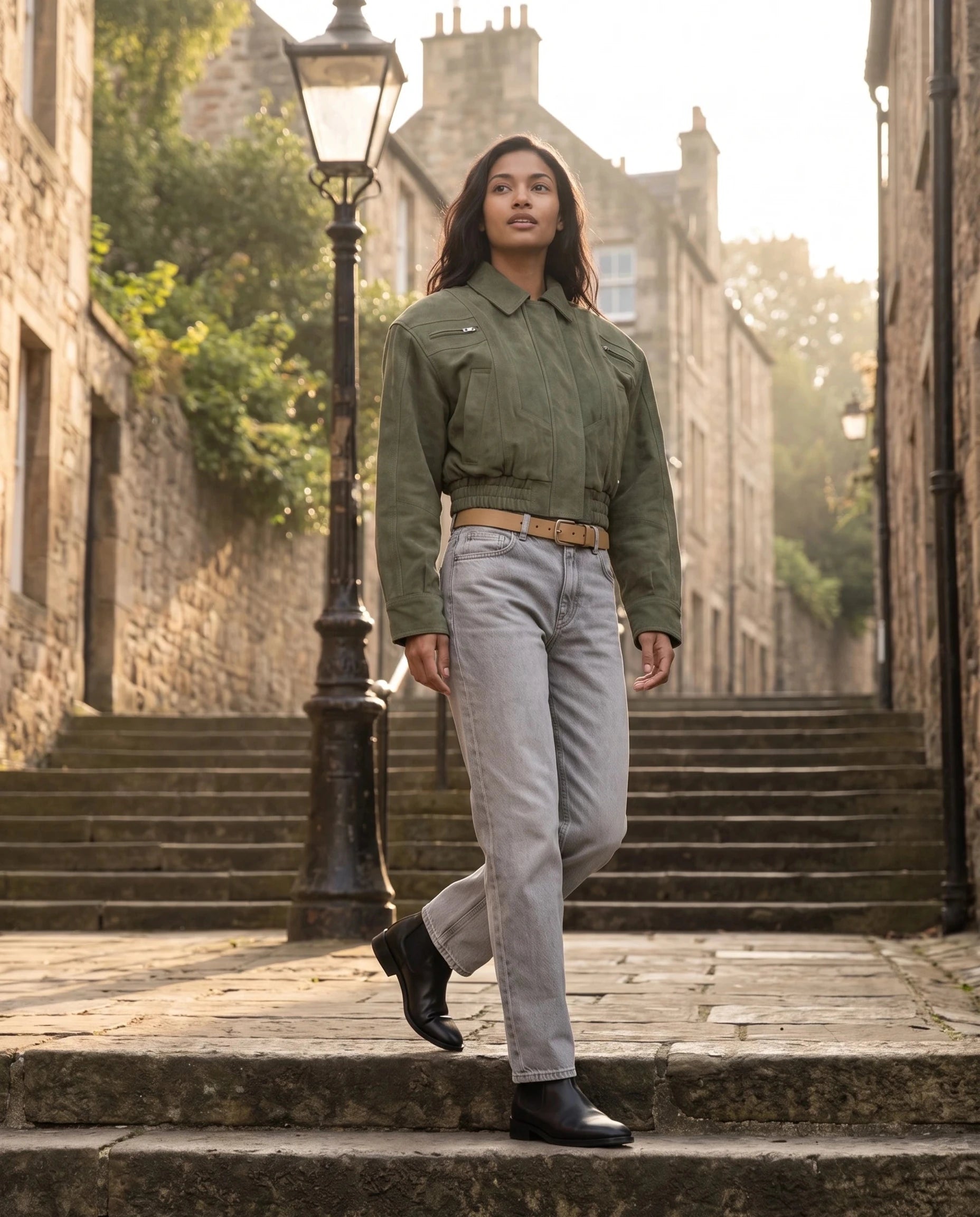 Bomber crop en suédine vert olive Fabienne, porté dans une ruelle à marches et lampadaire