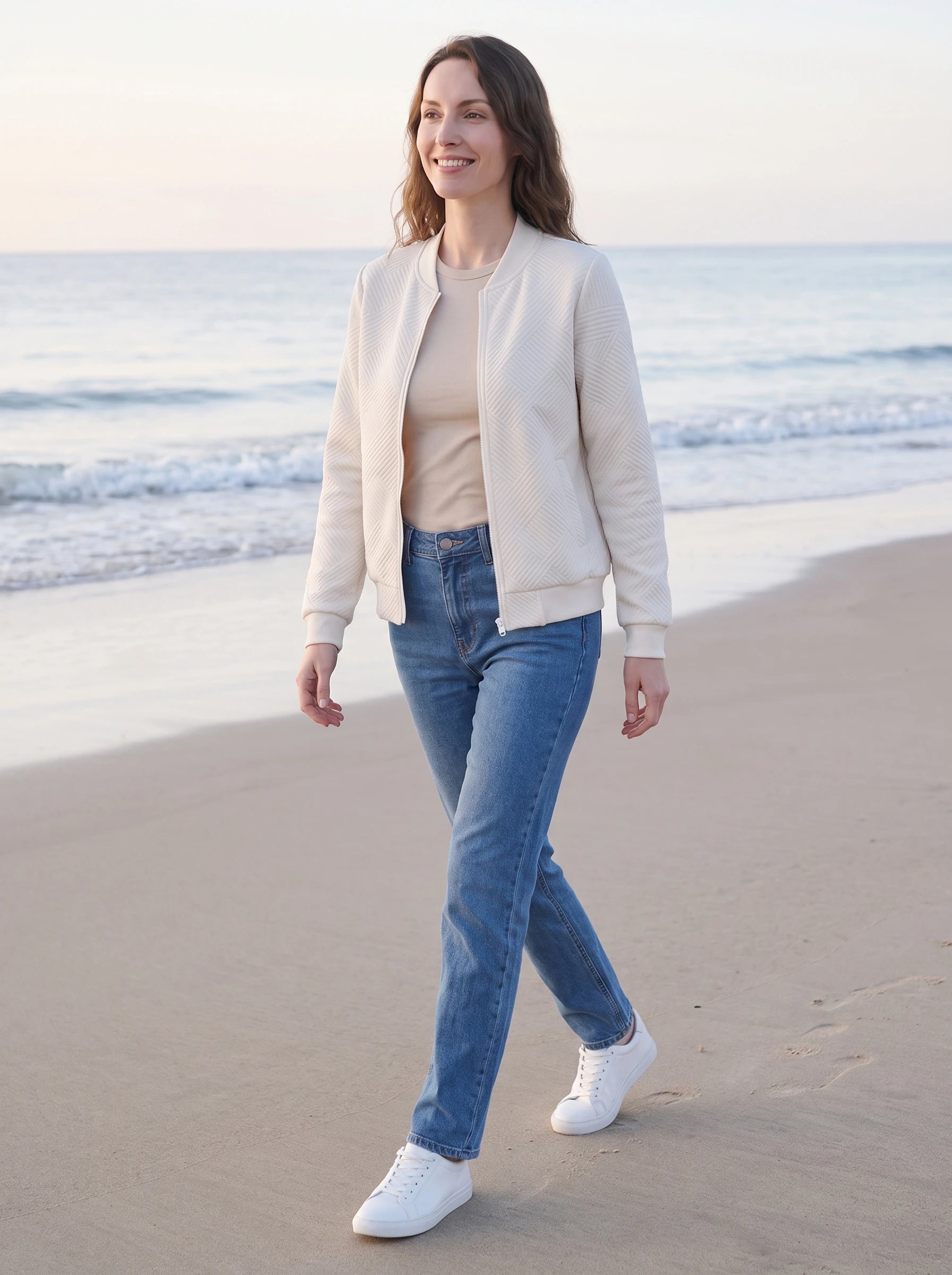 Bomber en jersey texturé blanc cassé Rolande, porté sur une plage de sable au petit matin
