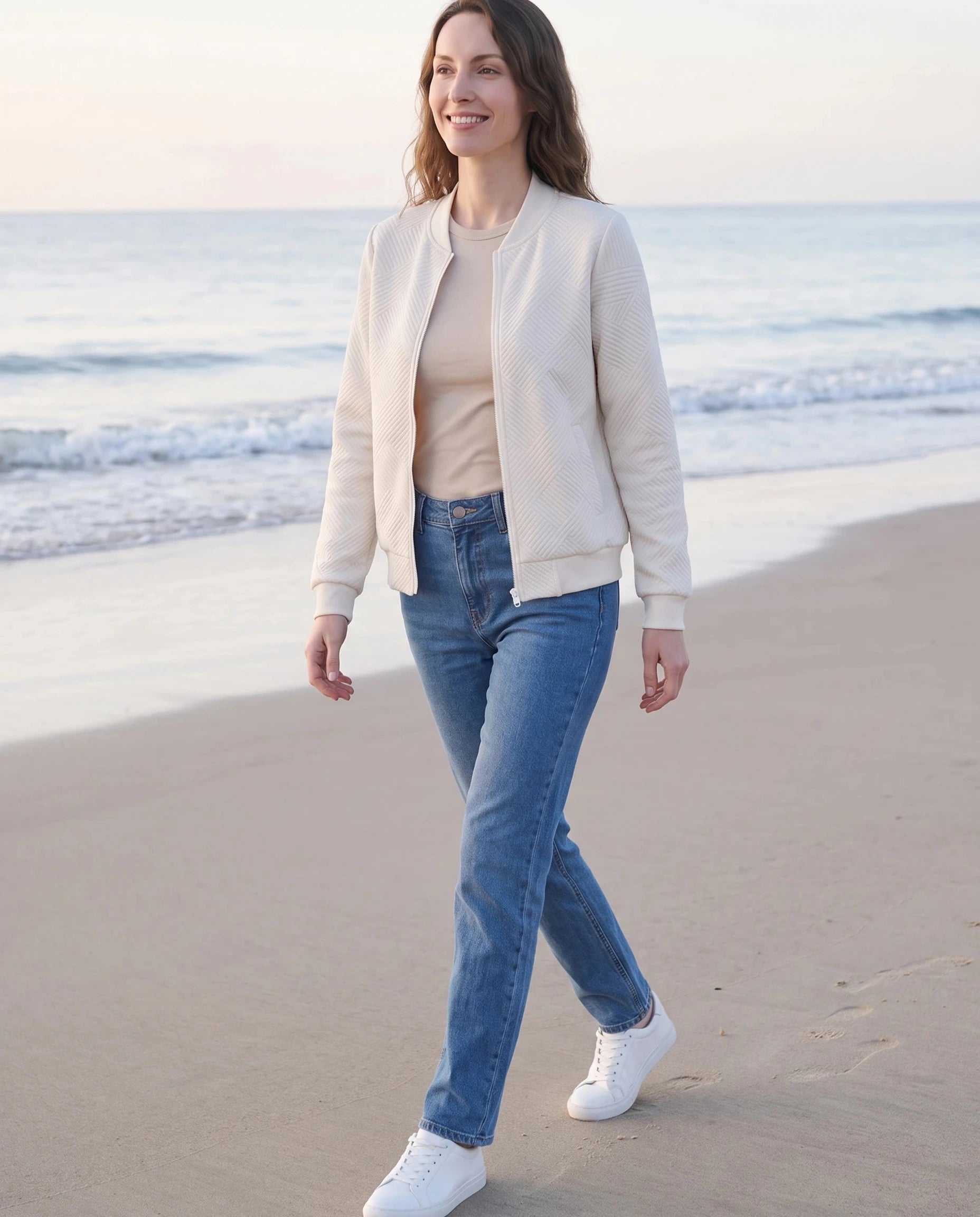Bomber en jersey texturé blanc cassé Rolande, porté sur une plage de sable au petit matin