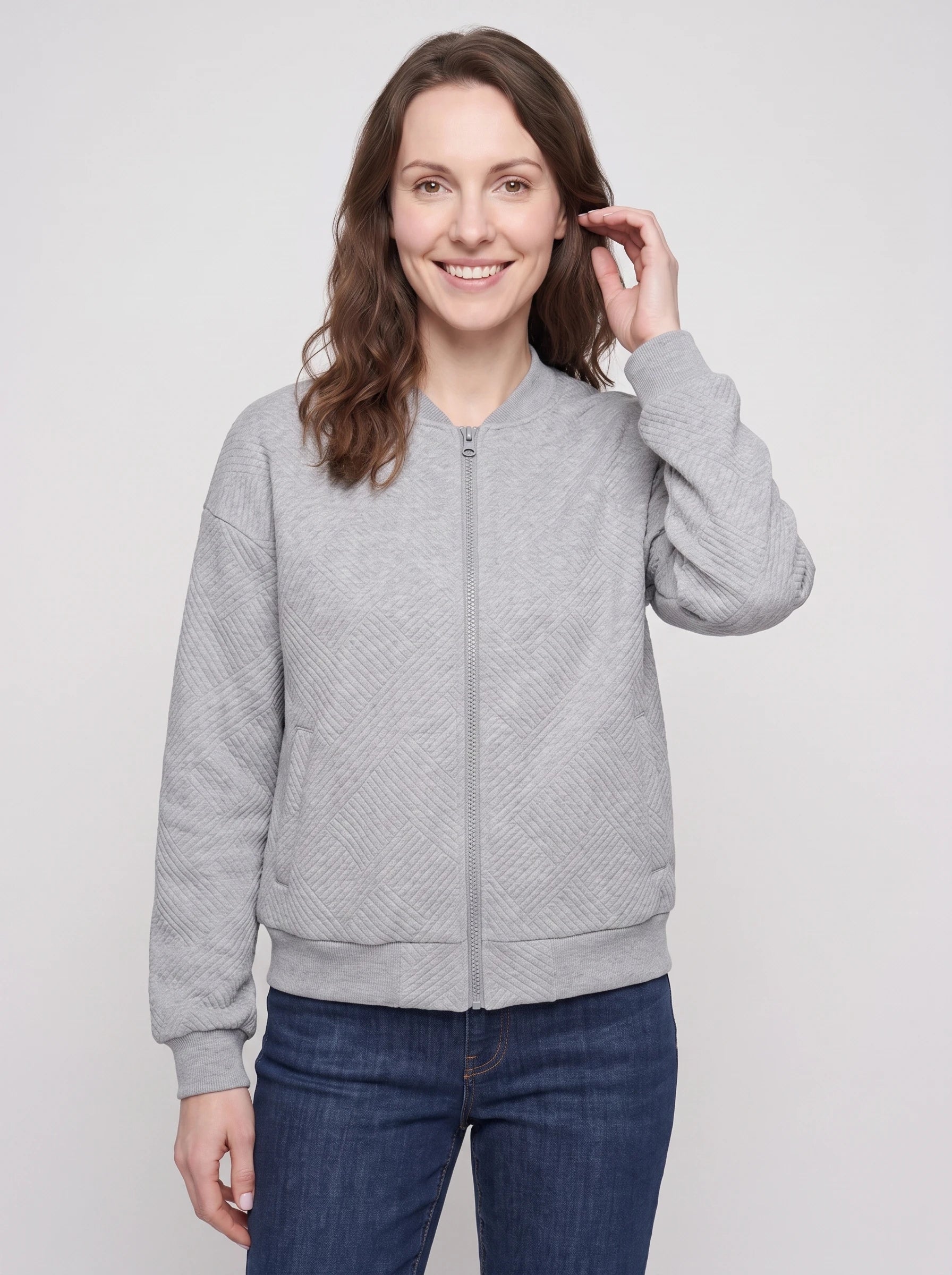 Bomber léger en jersey texturé gris chiné Rolande, plan rapproché en studio