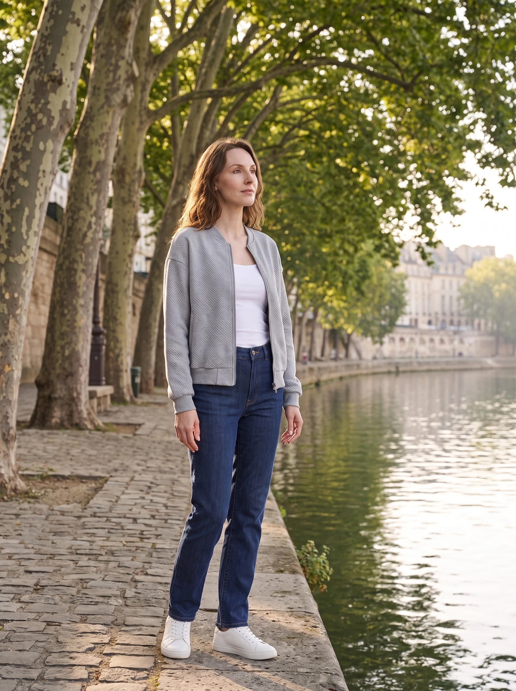 Bomber en jersey texturé gris chiné Rolande, porté sur un quai de rivière sous les platanes