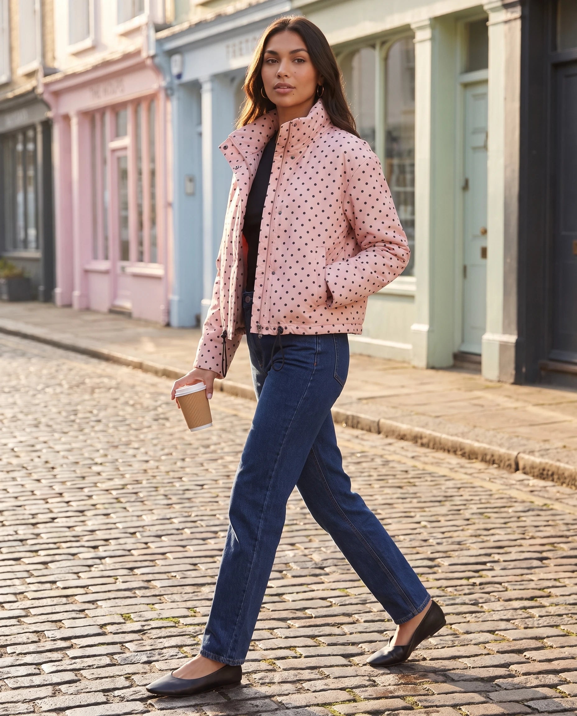 Bomber court à pois rose Suzette, porté dans une rue pavée aux devantures pastel