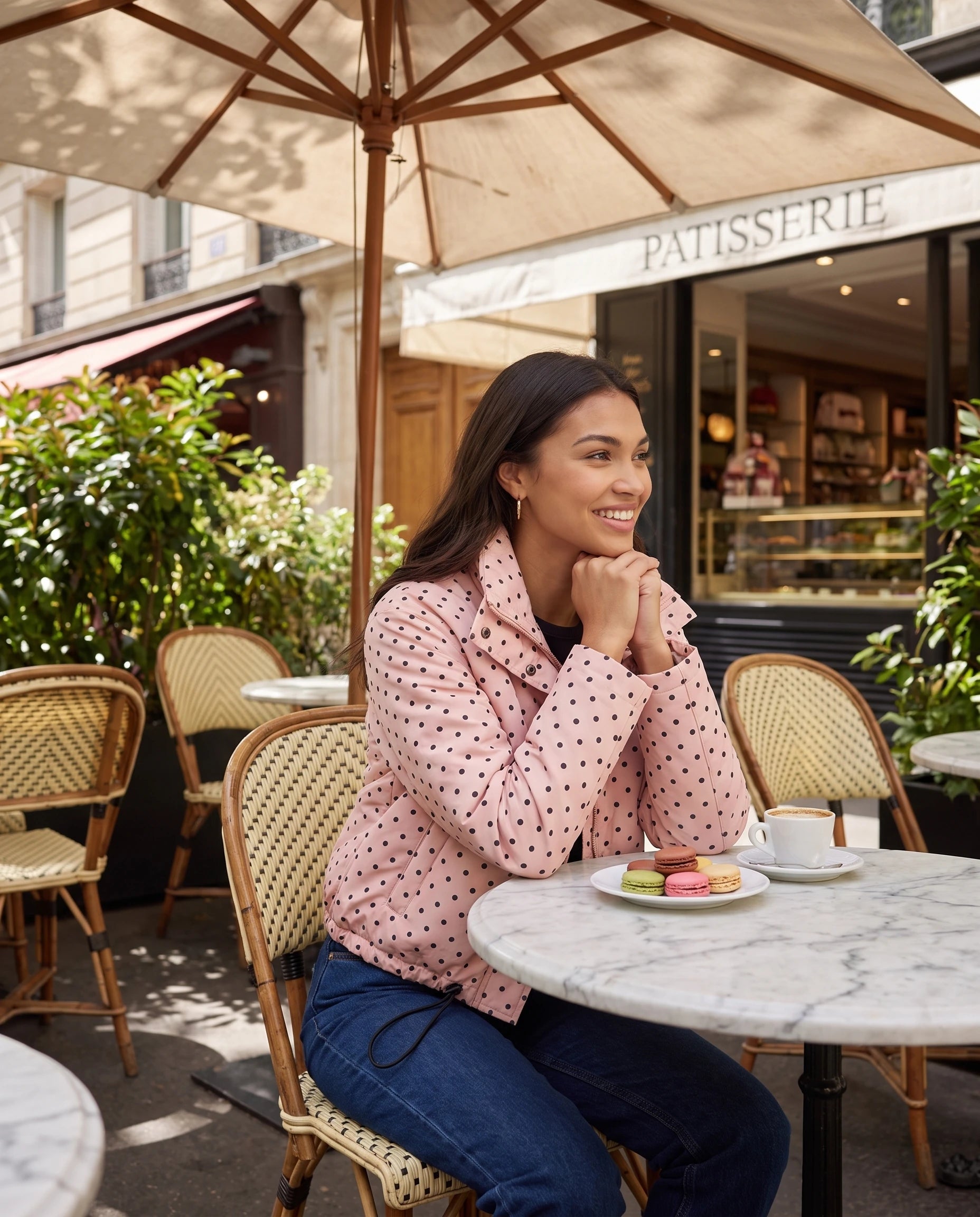 Bomber court à pois rose Suzette, porté en terrasse de pâtisserie