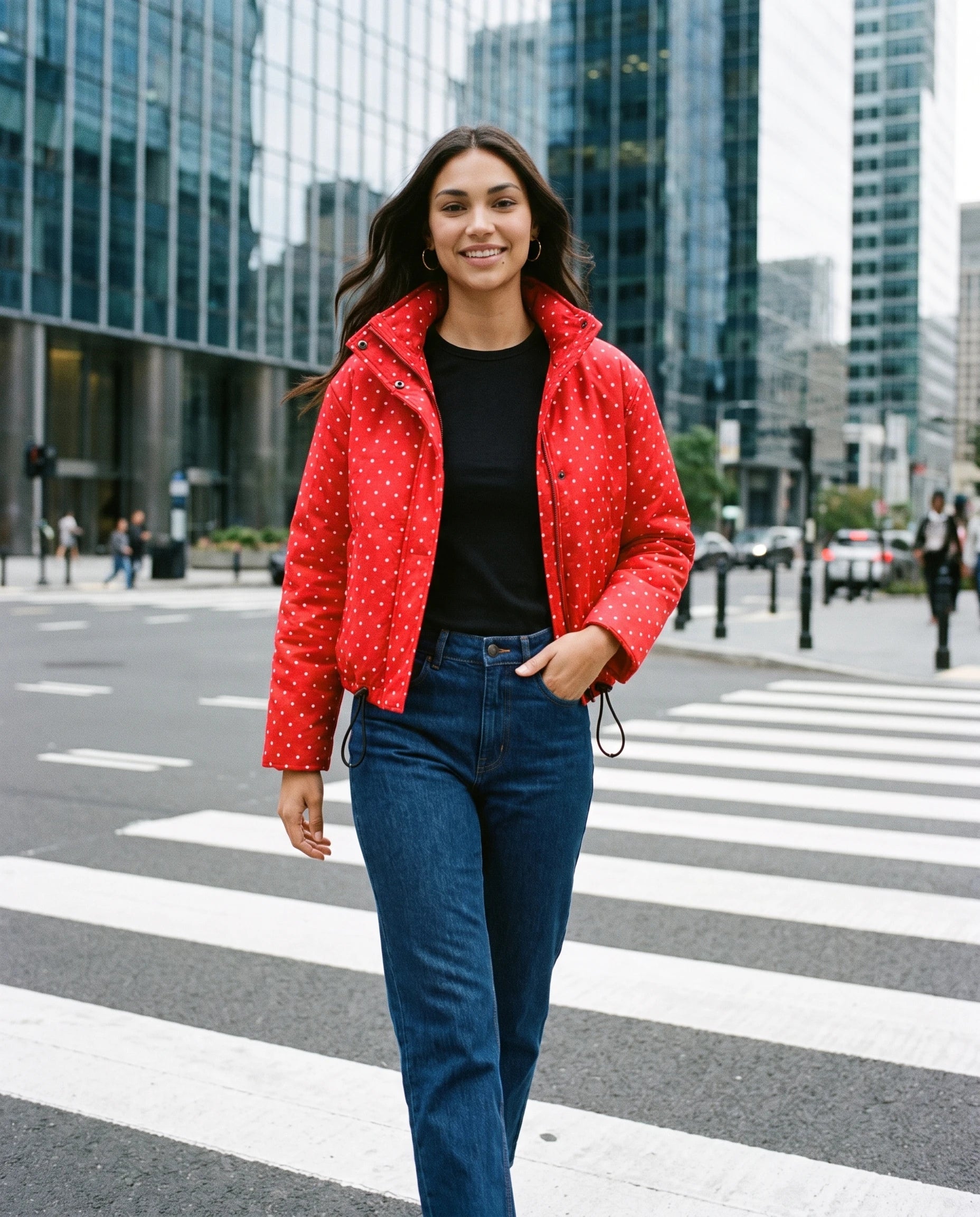 Bomber court à pois rouge Suzette, porté sur un passage piéton en ville