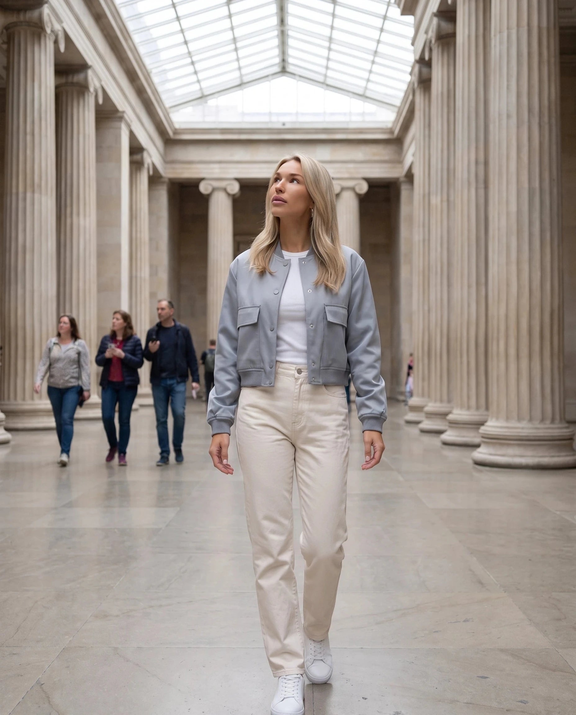 Bomber satiné bleu gris Aurélie, porté dans un atrium de musée à colonnes