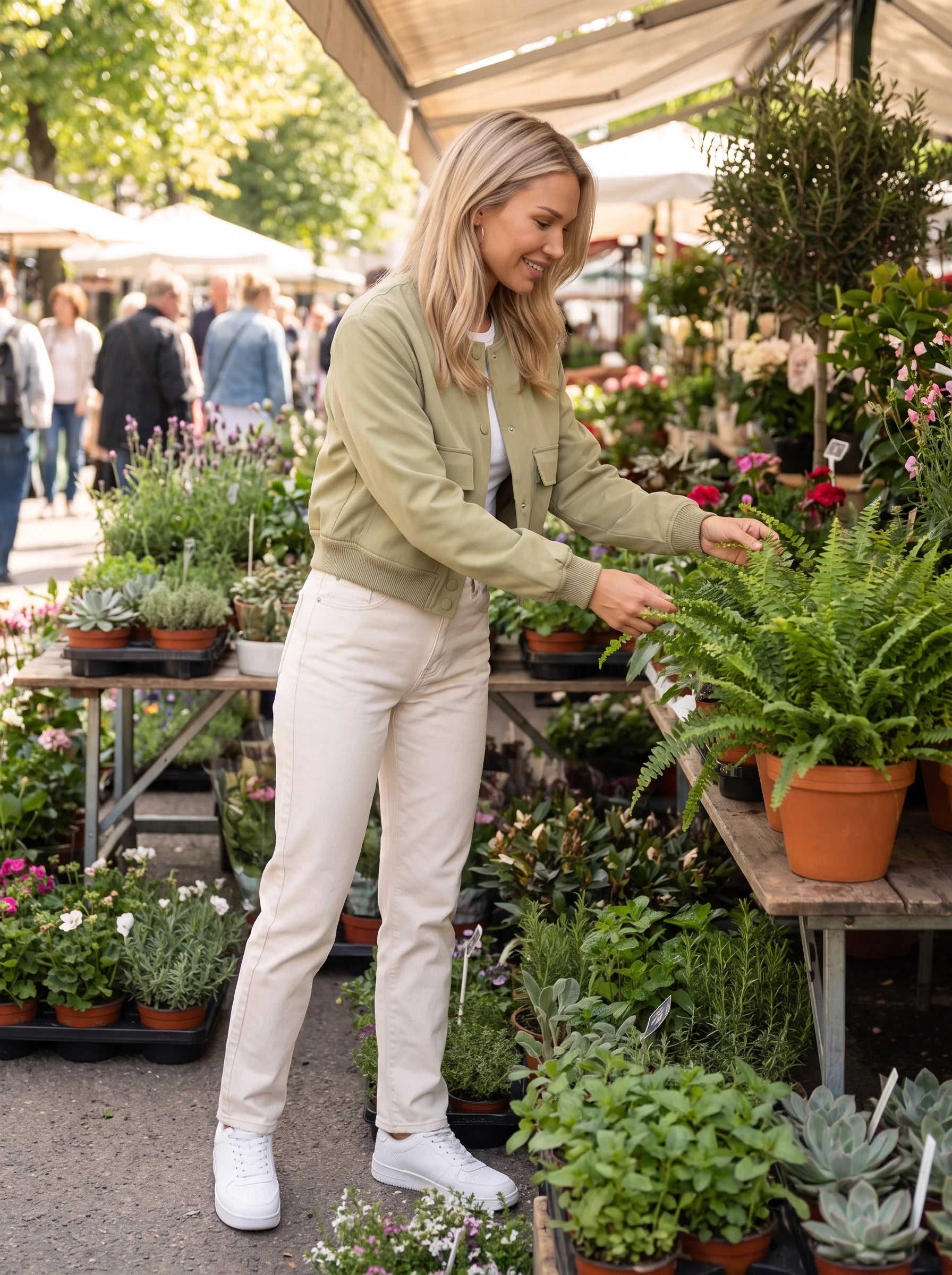 Bomber satiné vert sauge Aurélie, porté au marché aux plantes