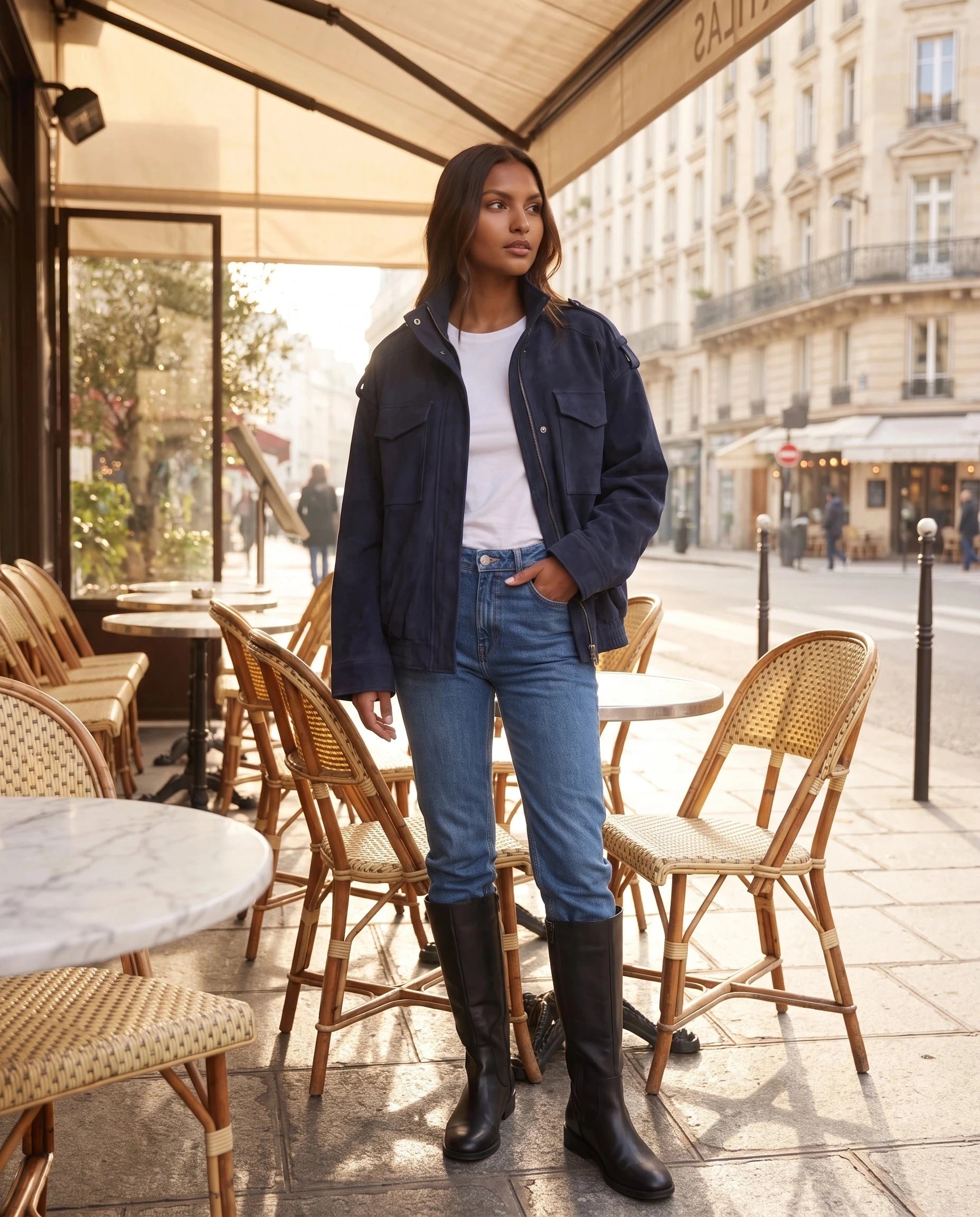 Bomber en suédine bleu marine Monique, porté à une terrasse de café parisienne