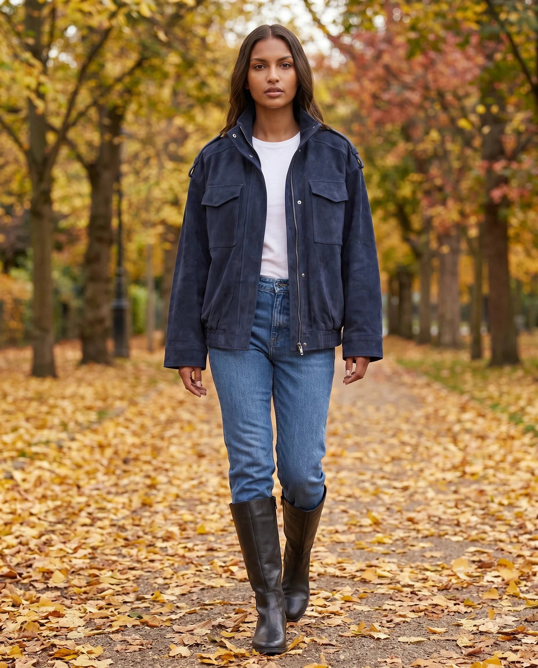 Bomber en suédine bleu marine Monique, porté sur une allée de parc en automne
