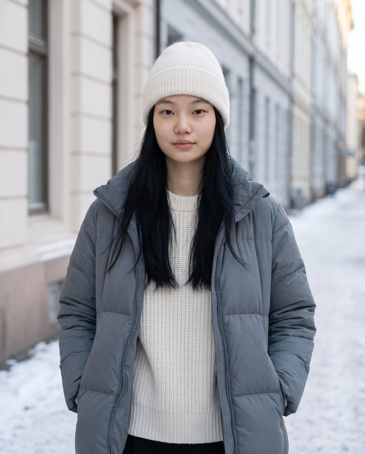 Strickmütze mit Umschlag — Thaïs, Farbe Ecru, winterlich getragen