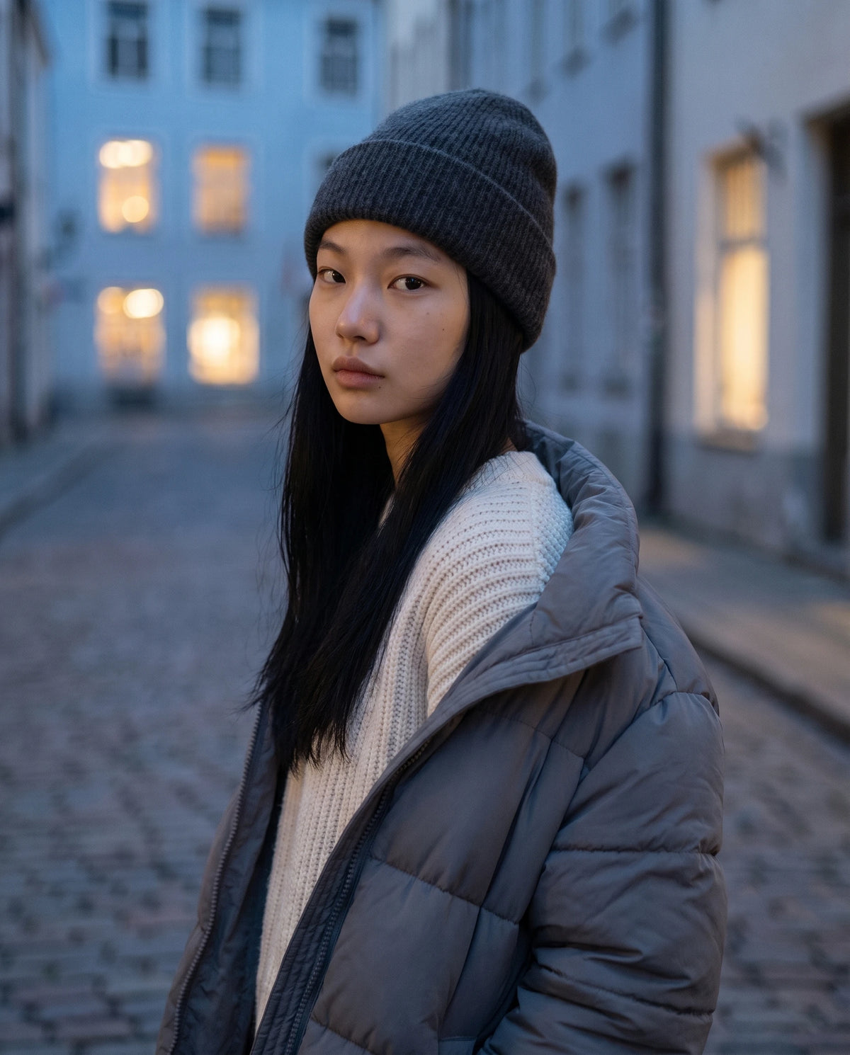 Strickmütze mit Umschlag — Thaïs, Farbe Anthrazitgrau, winterlich getragen