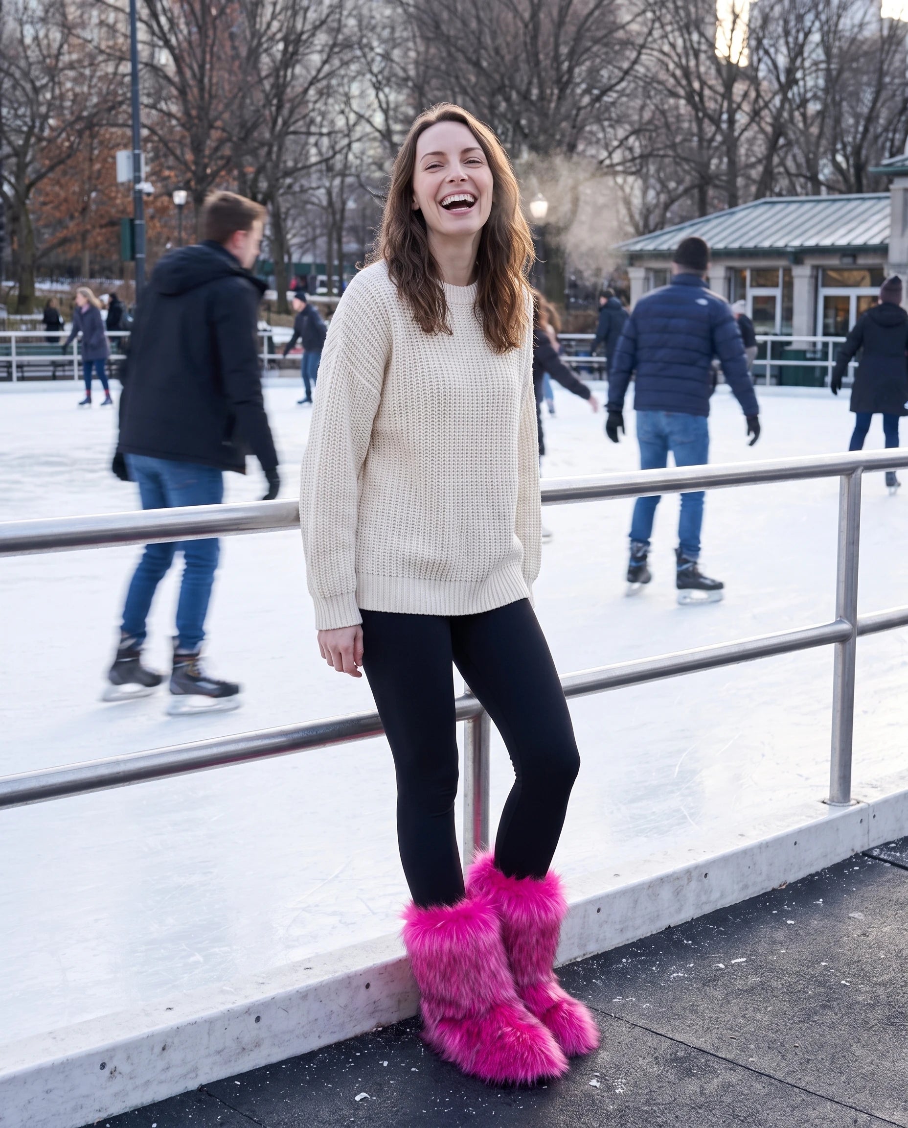 Boots moelleuses en fausse fourrure Fanette — Fuchsia, portées en extérieur