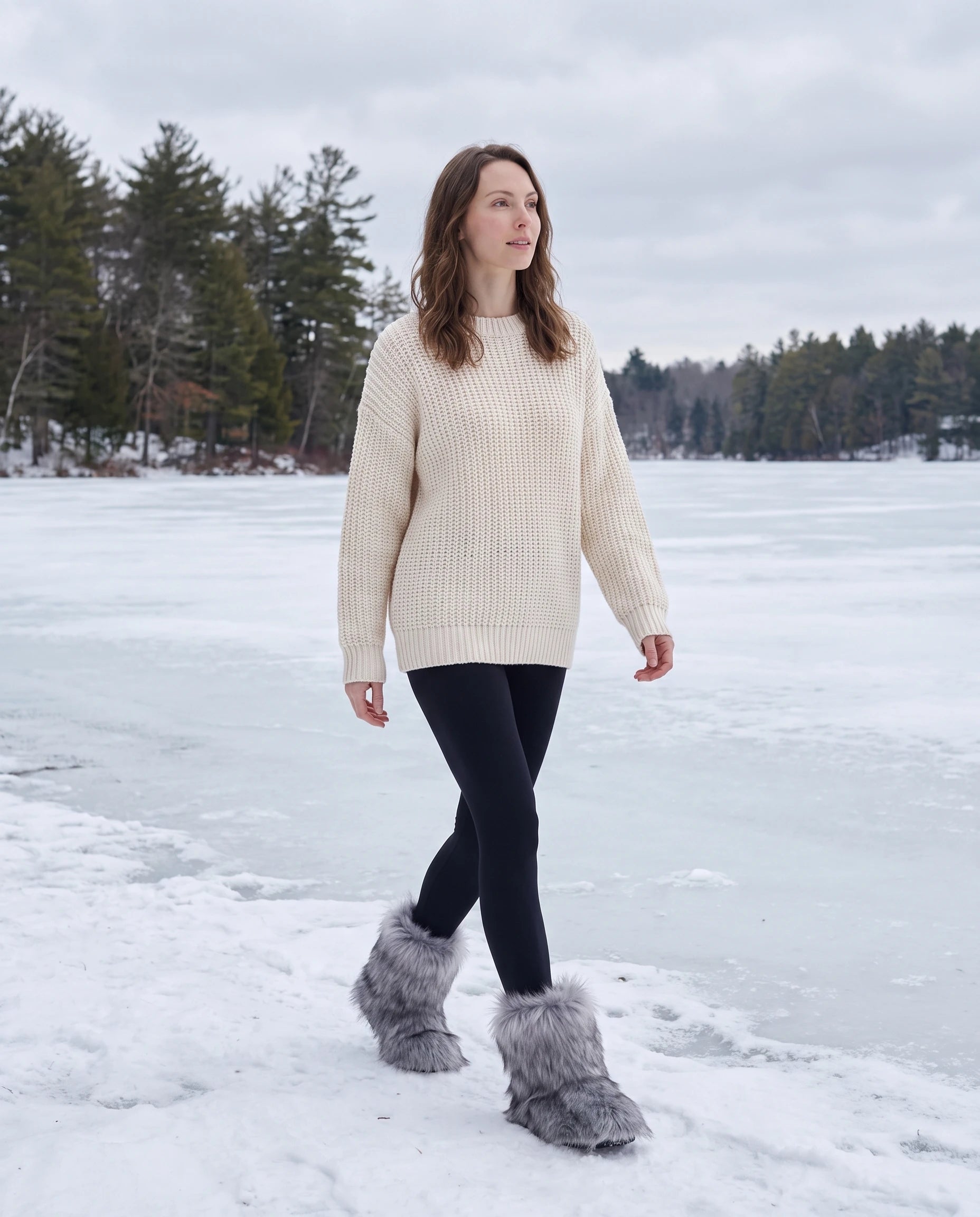 Boots moelleuses en fausse fourrure Fanette — Gris, portées en extérieur