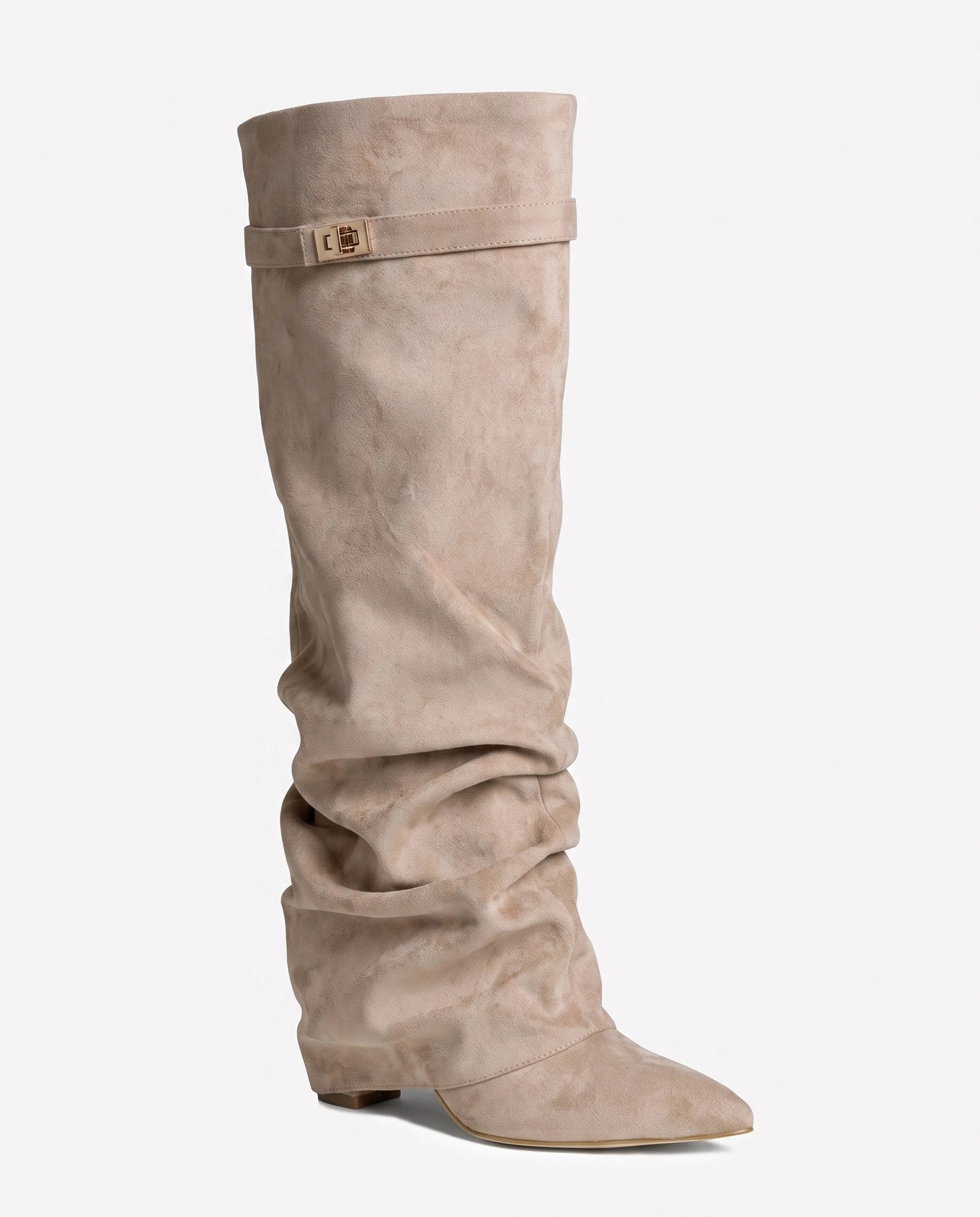 Bottes hautes slouchy en suédine Athénaïs — Beige, vue de profil studio
