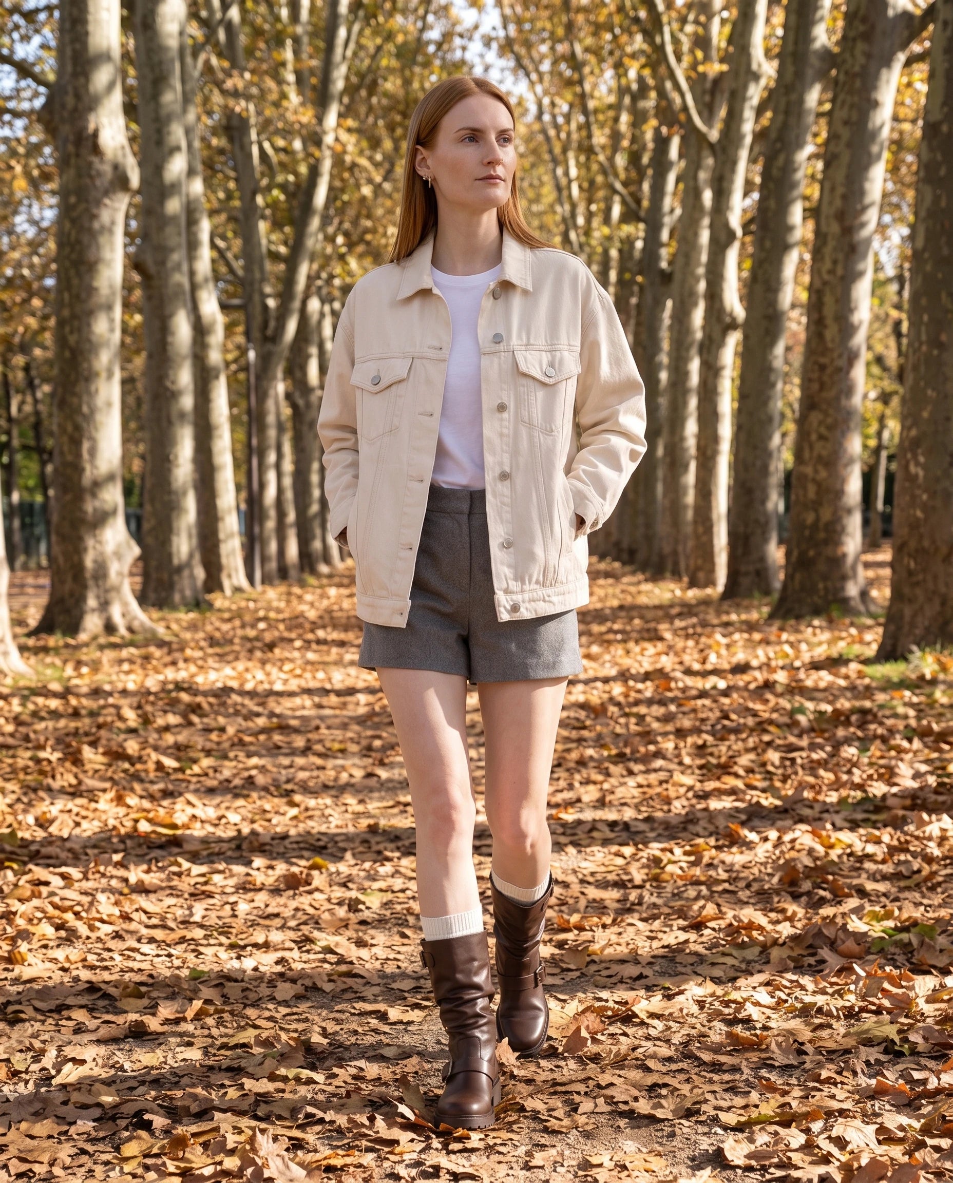 Bottes mi-mollet à boucles effet cuir Orlane — Chocolat, portées dans une allée de platanes en automne