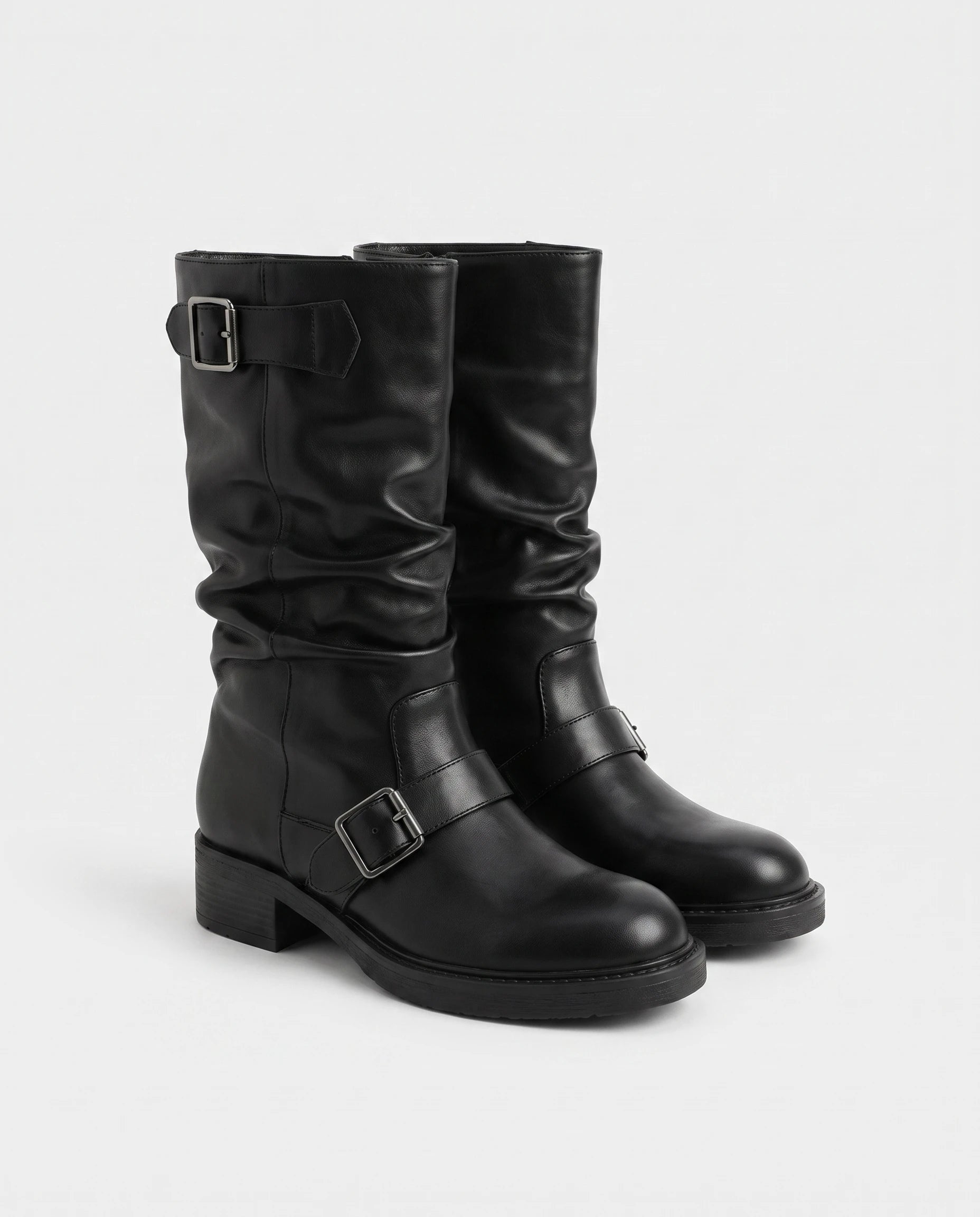 Bottes mi-mollet à boucles effet cuir Orlane — Noir, paire vue de trois quarts studio