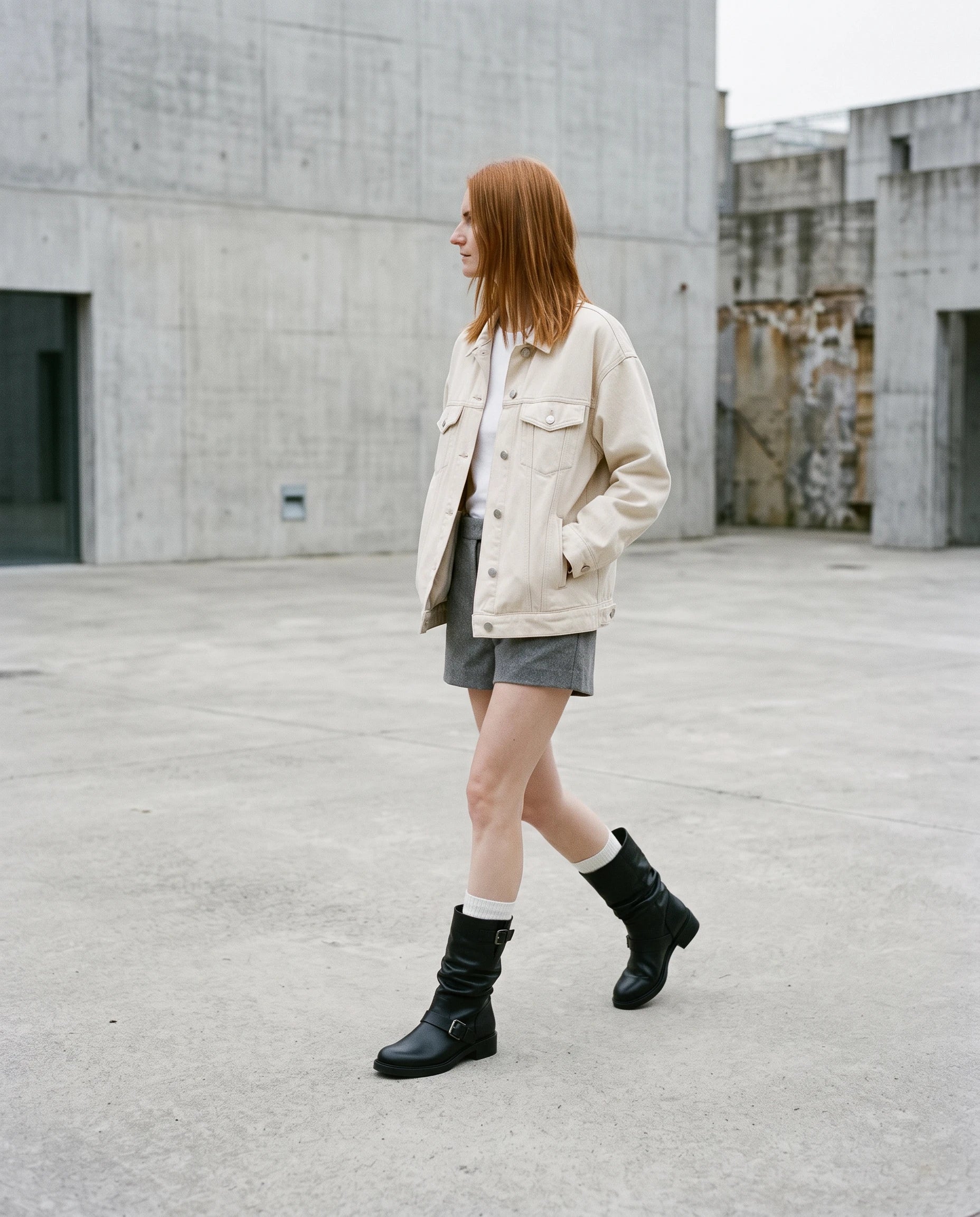 Bottes mi-mollet à boucles effet cuir Orlane — Noir, portées dans une cour en béton clair