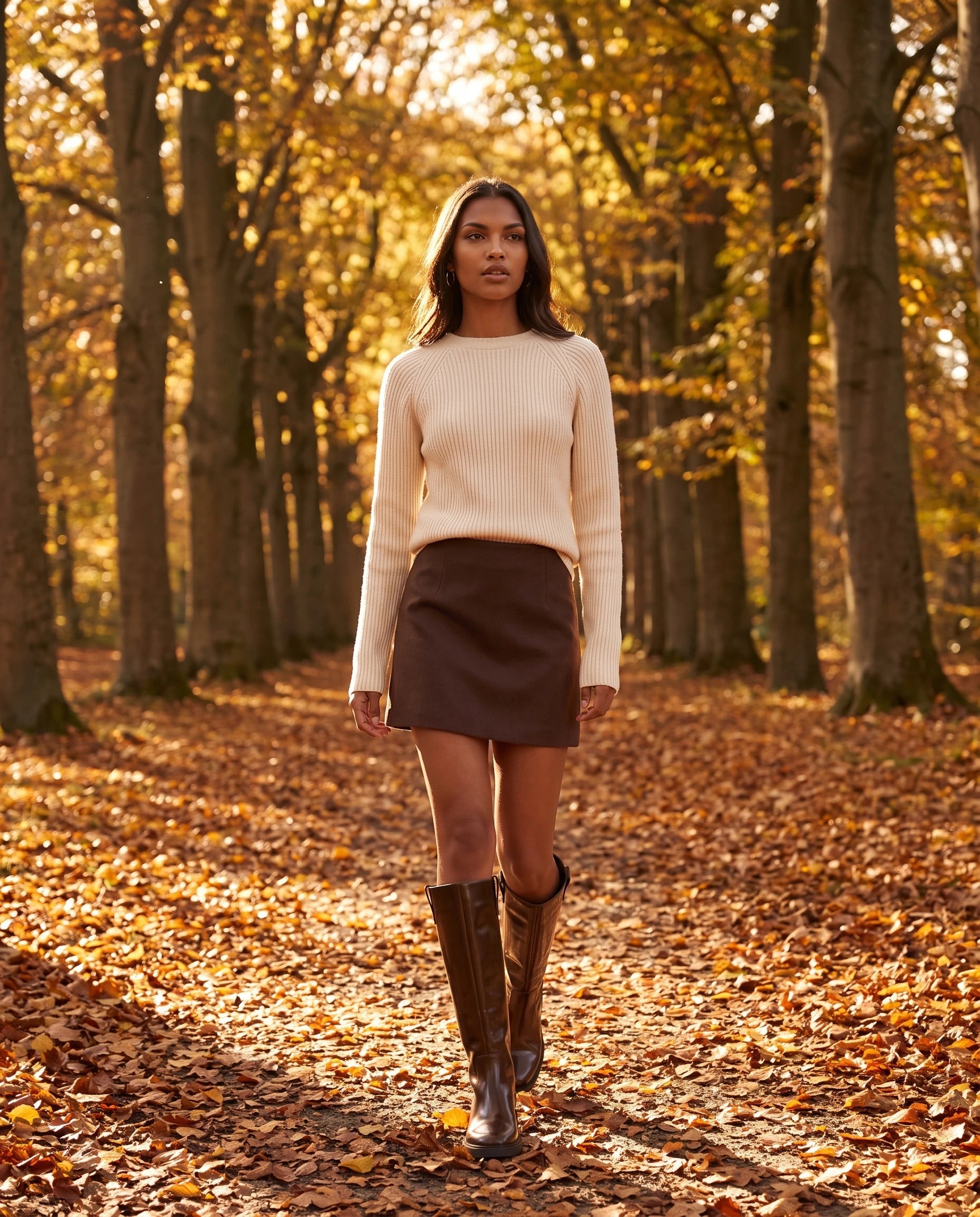 Bottes cavalières hautes effet cuir Bastienne — Chocolat, portées dans une allée de hêtres en automne