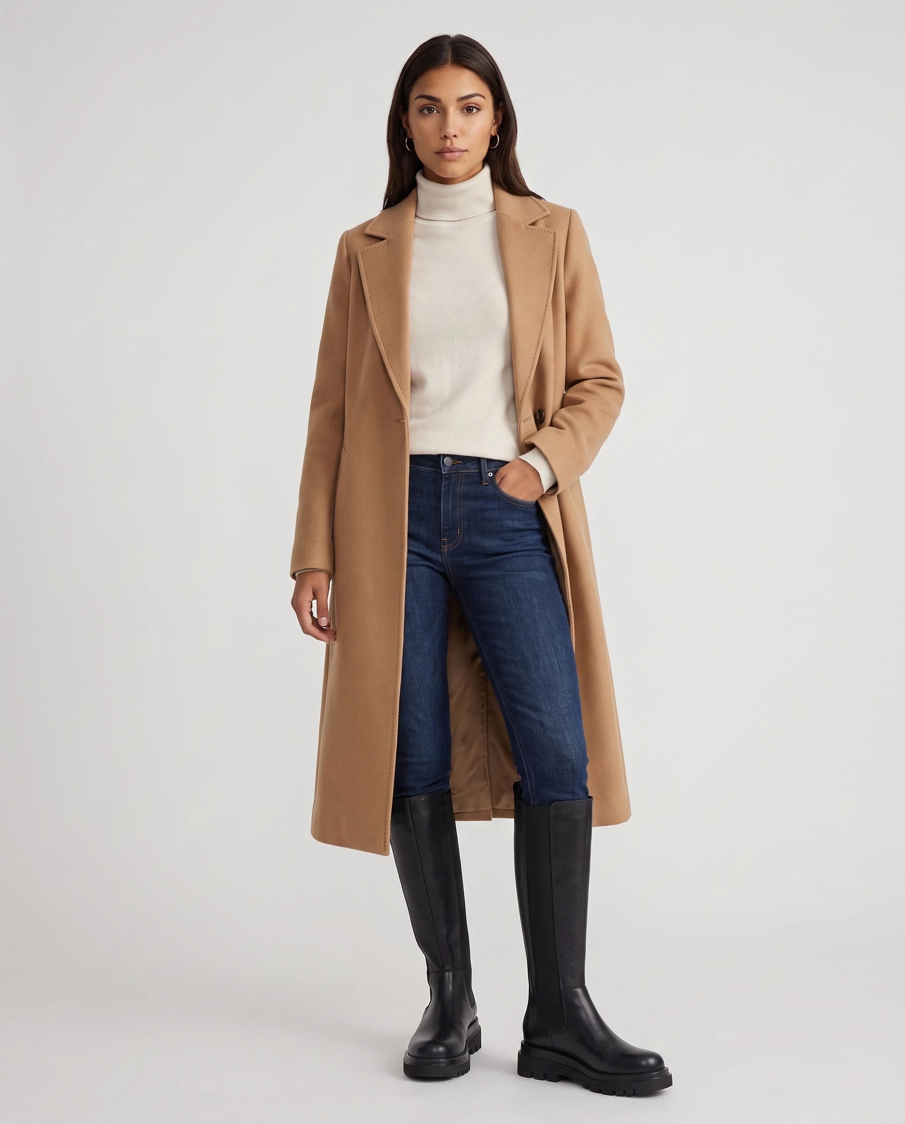 Bottes hautes chelsea à soufflets Ysée — Noir, portées en plein pied studio avec un manteau long camel